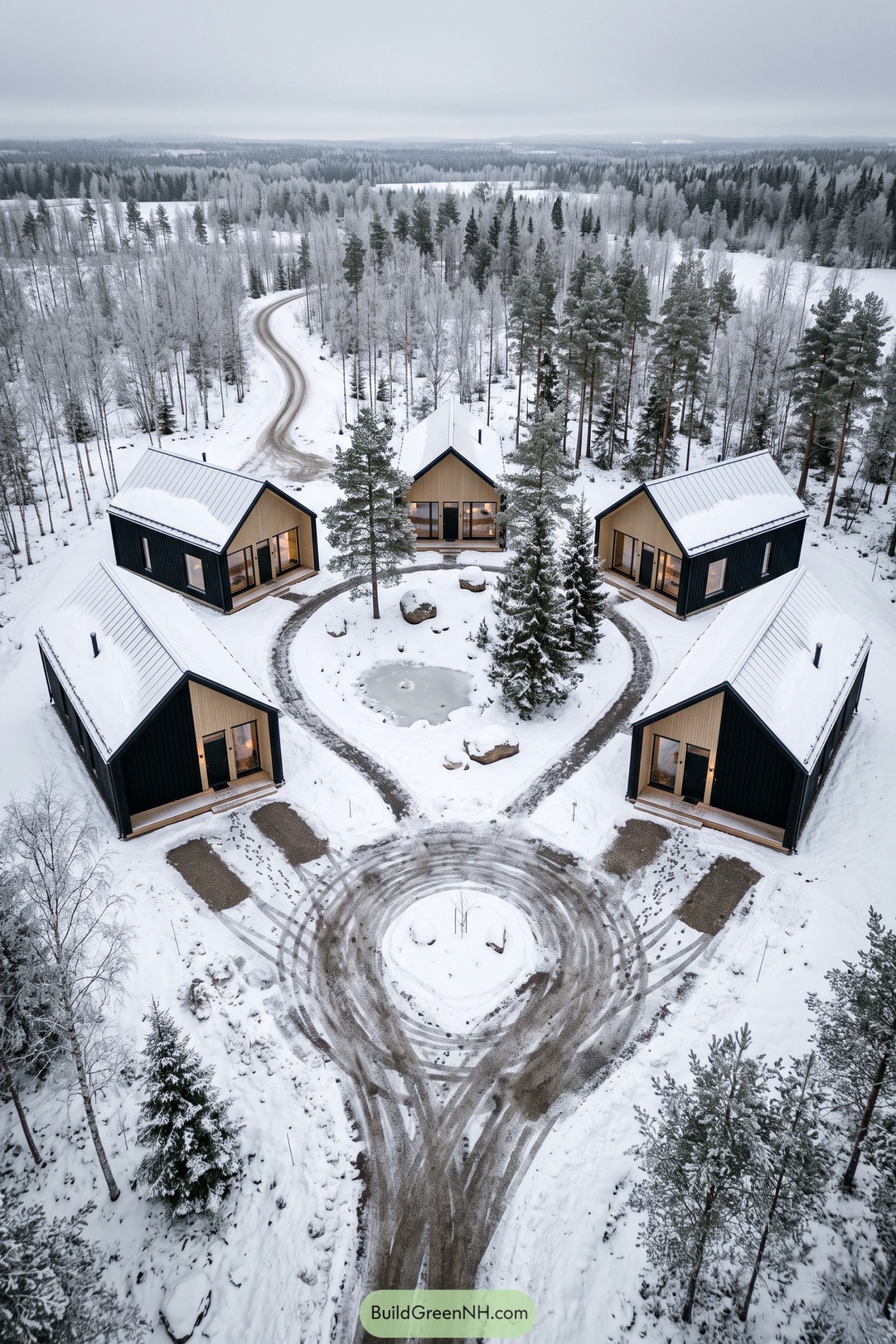 Five black cabins with timber fronts form a circle around snowy trees and a frozen pond in a forest clearing