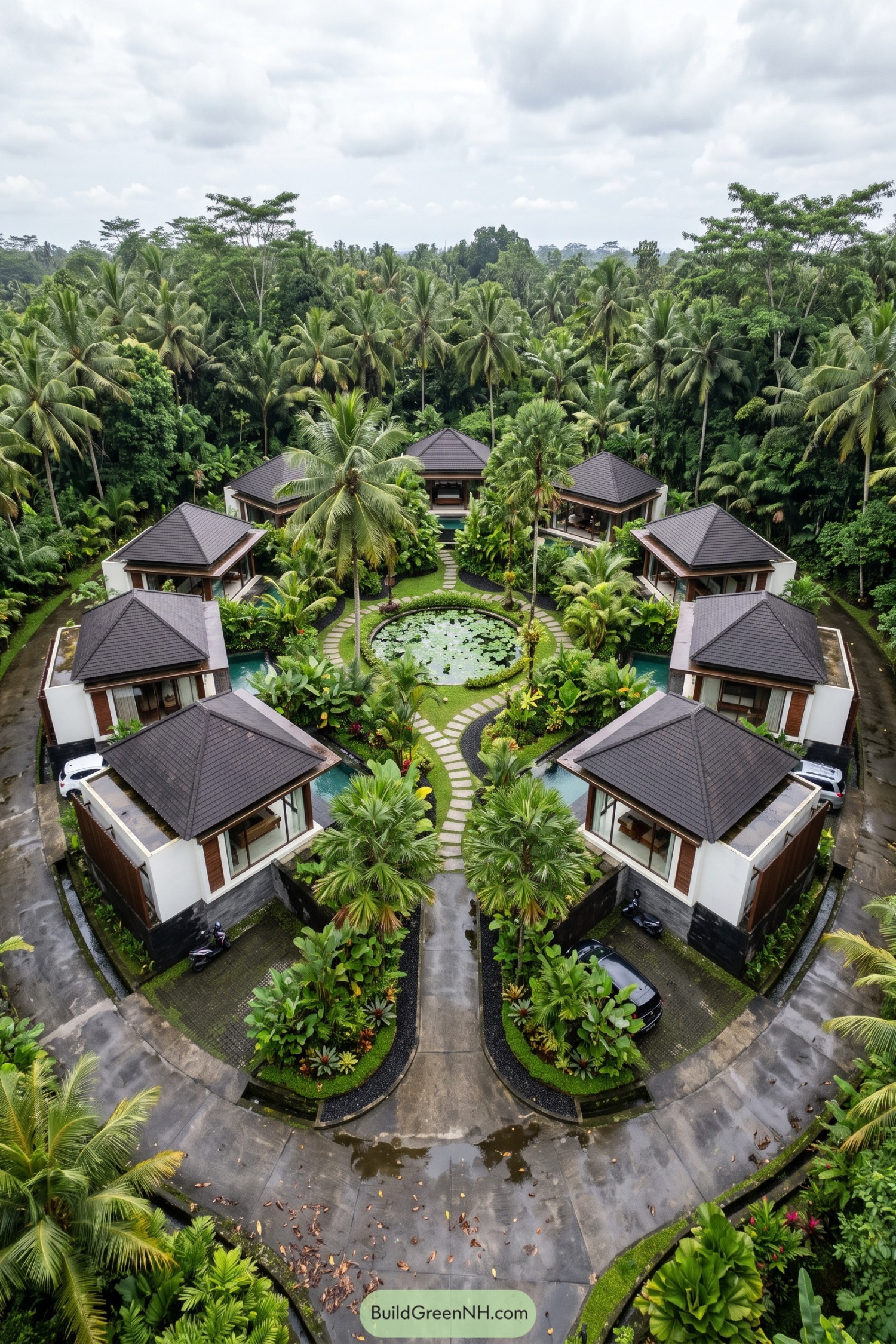 Modern tropical villas with dark pitched roofs encircle a lily pond amid palms and curved garden paths