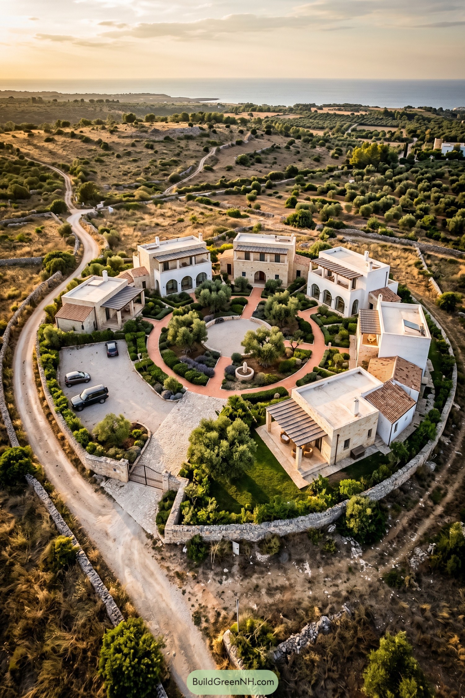 Aerial view of white and stone villas surrounding a circular olive garden with terracotta paths and a central gravel court