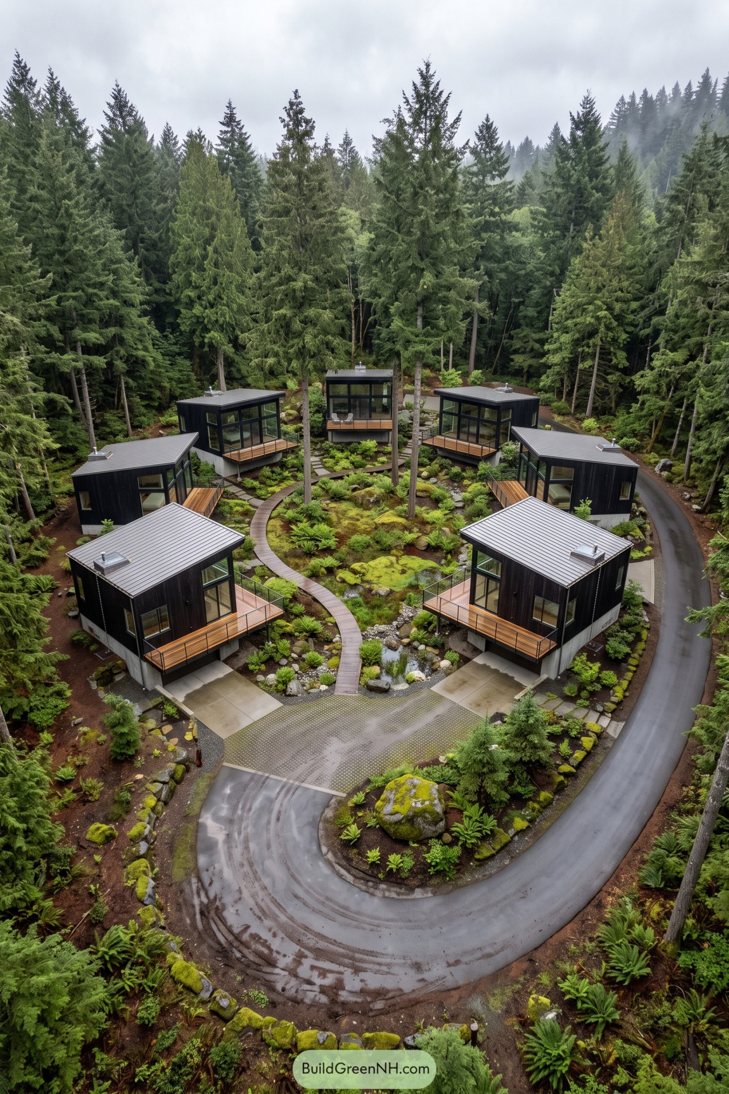 Seven black cabins circle a fern-filled woodland garden with winding boardwalks and an outer loop road