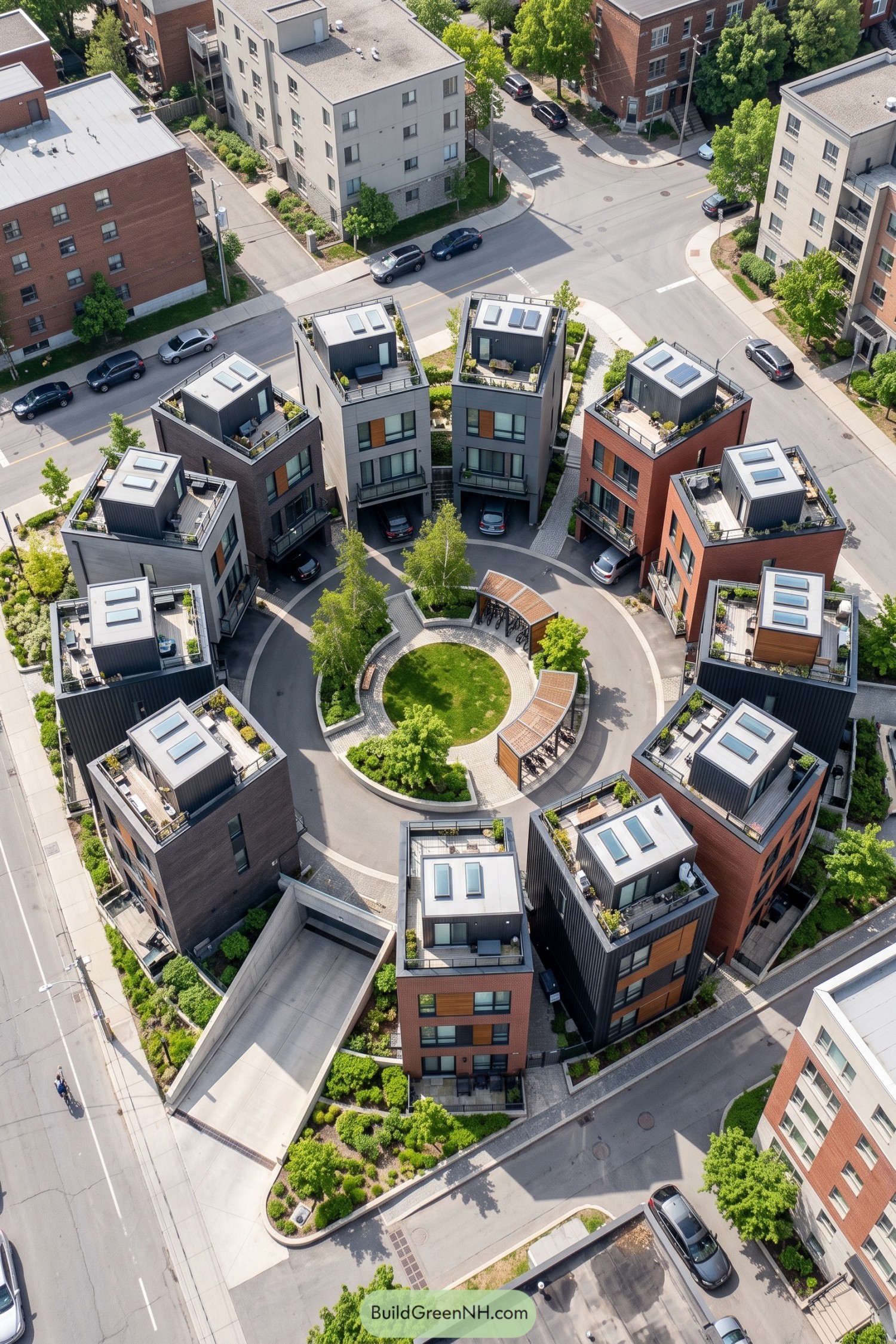 Aerial view of narrow modern houses arranged around a circular drive with a central lawn and curved bicycle shelters