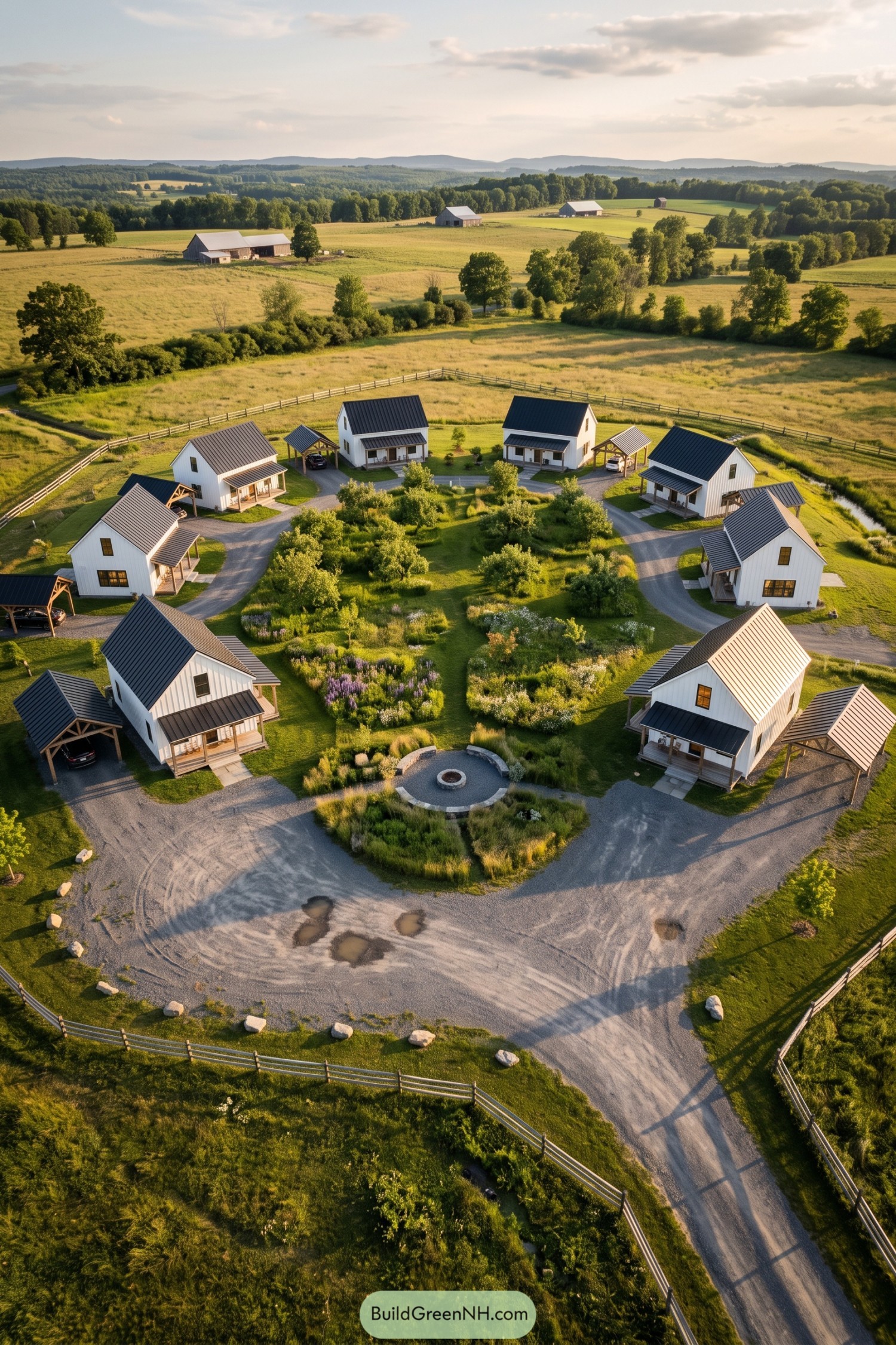 White farmhouses form a circle around planted gardens and a shared fire pit, with gravel drives and timber carports