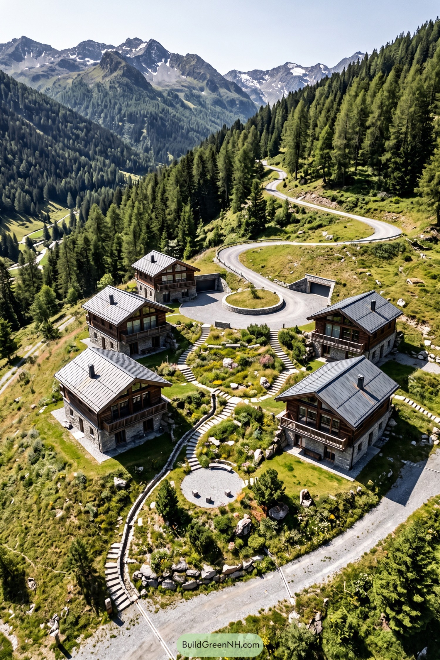 Five timber and stone chalets arranged around terraced gardens and winding steps on a forested mountainside