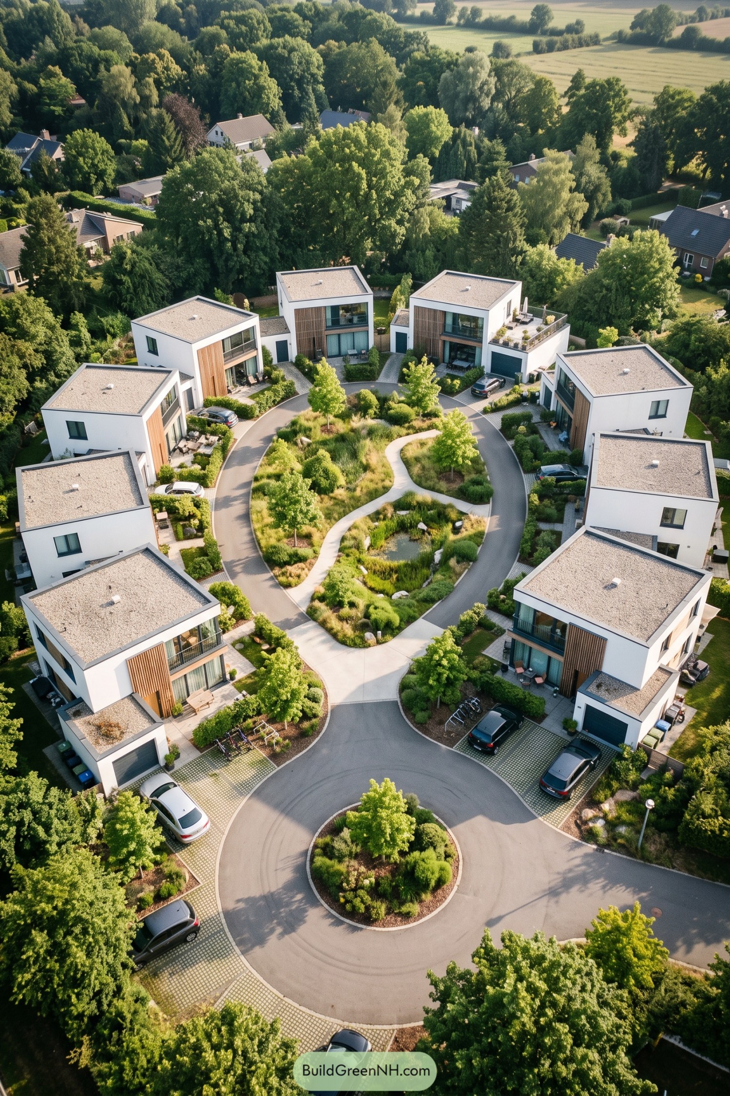 Aerial view of white modern homes arranged around a landscaped loop with winding paths and a small pond