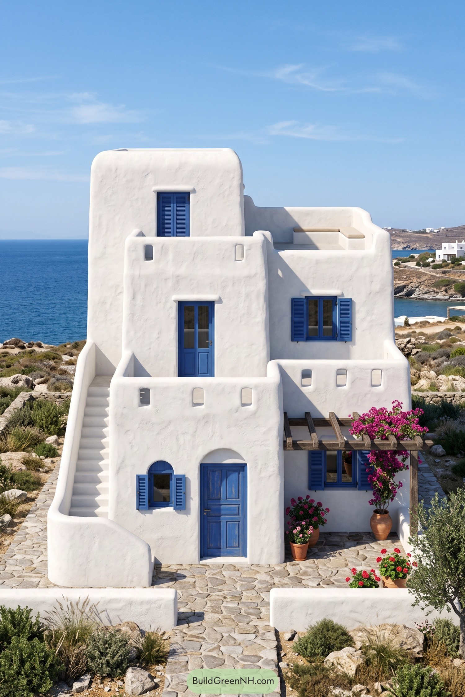 White Cycladic coastal house with blue doors and shutters, curved terraces, an exterior staircase, and a flowering timber pergola