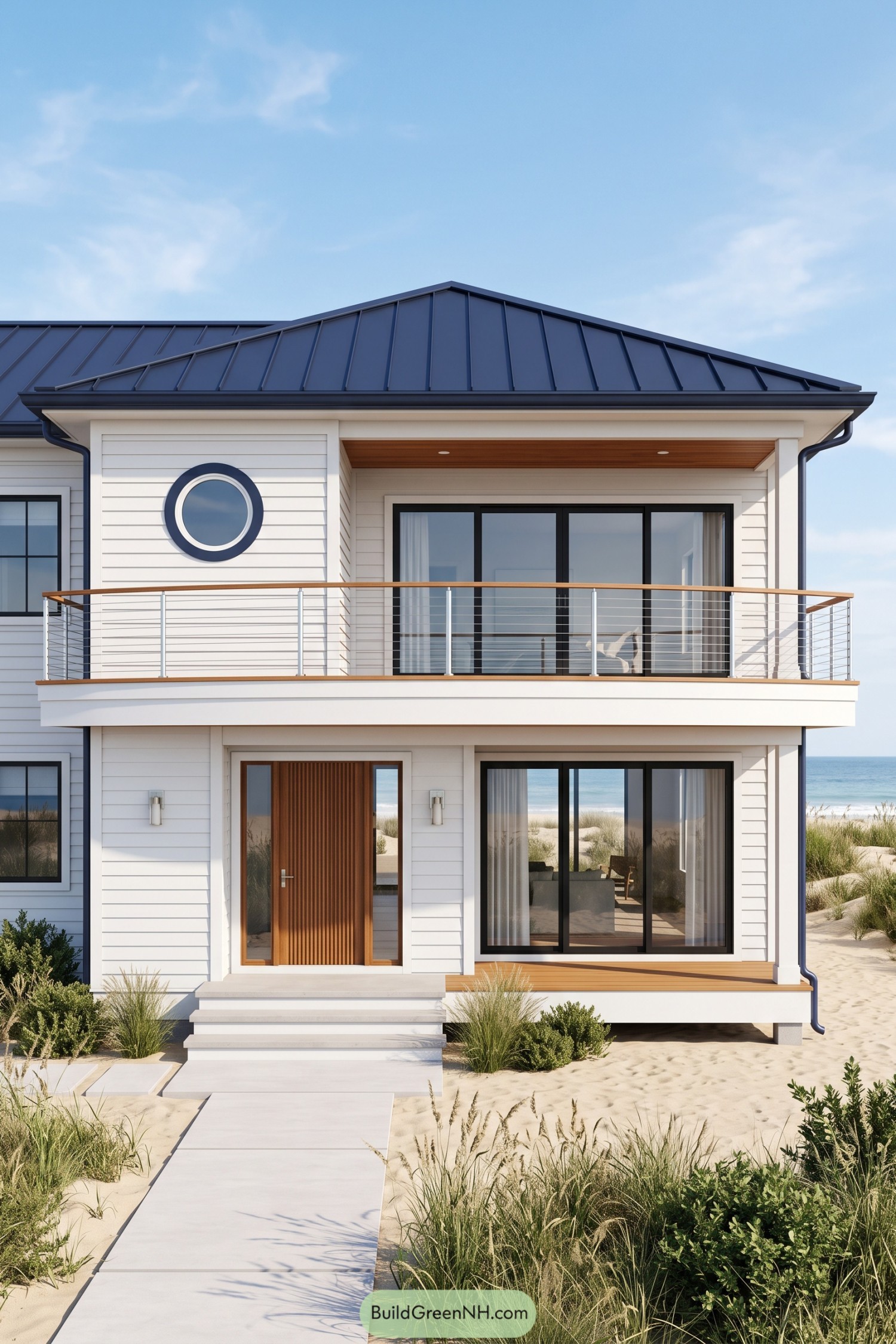 Two-story coastal house with white siding a navy metal roof timber entry door and cable-railed balcony