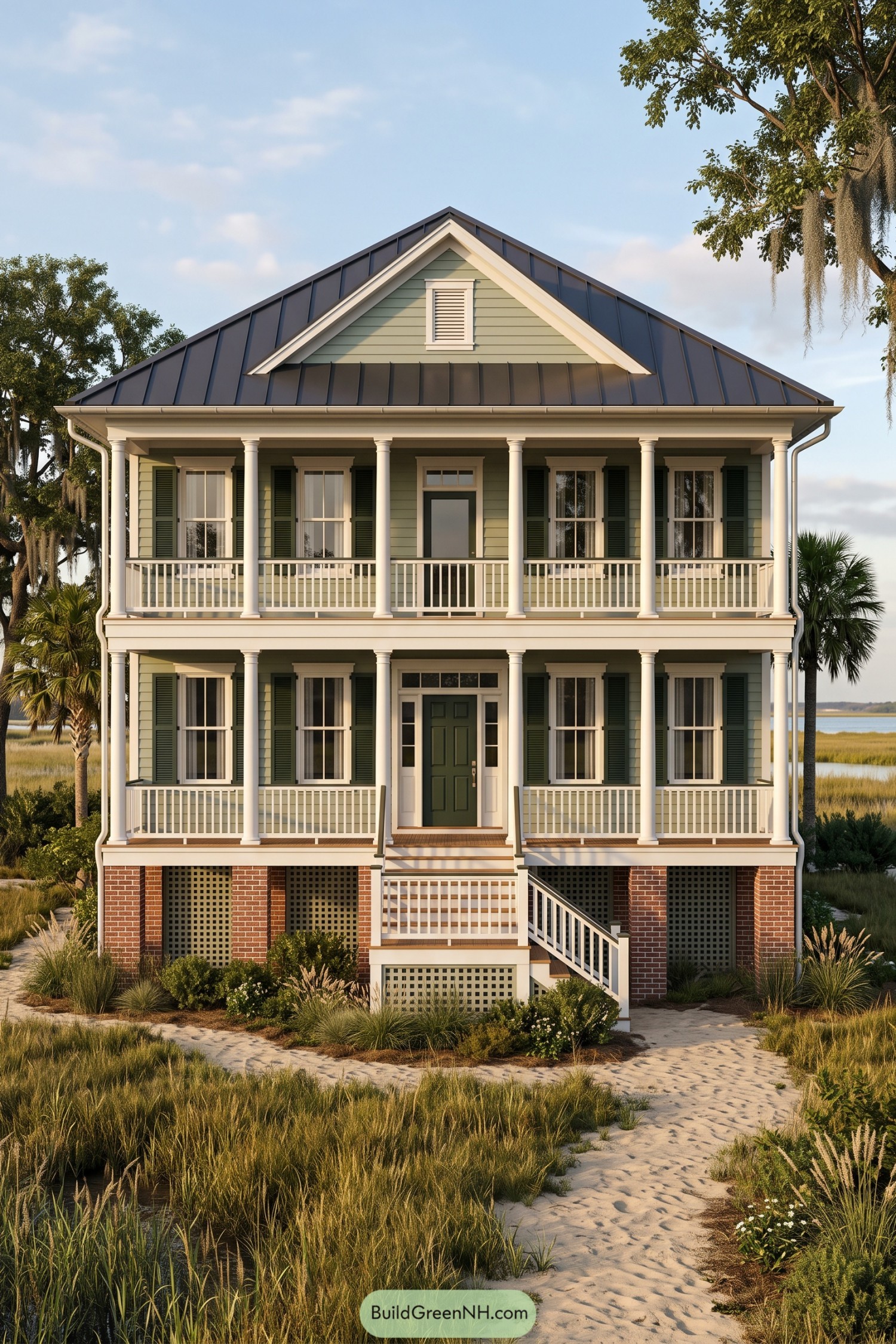 Sage green coastal house with stacked white columned porches, dark shutters, a metal roof, and a raised brick foundation