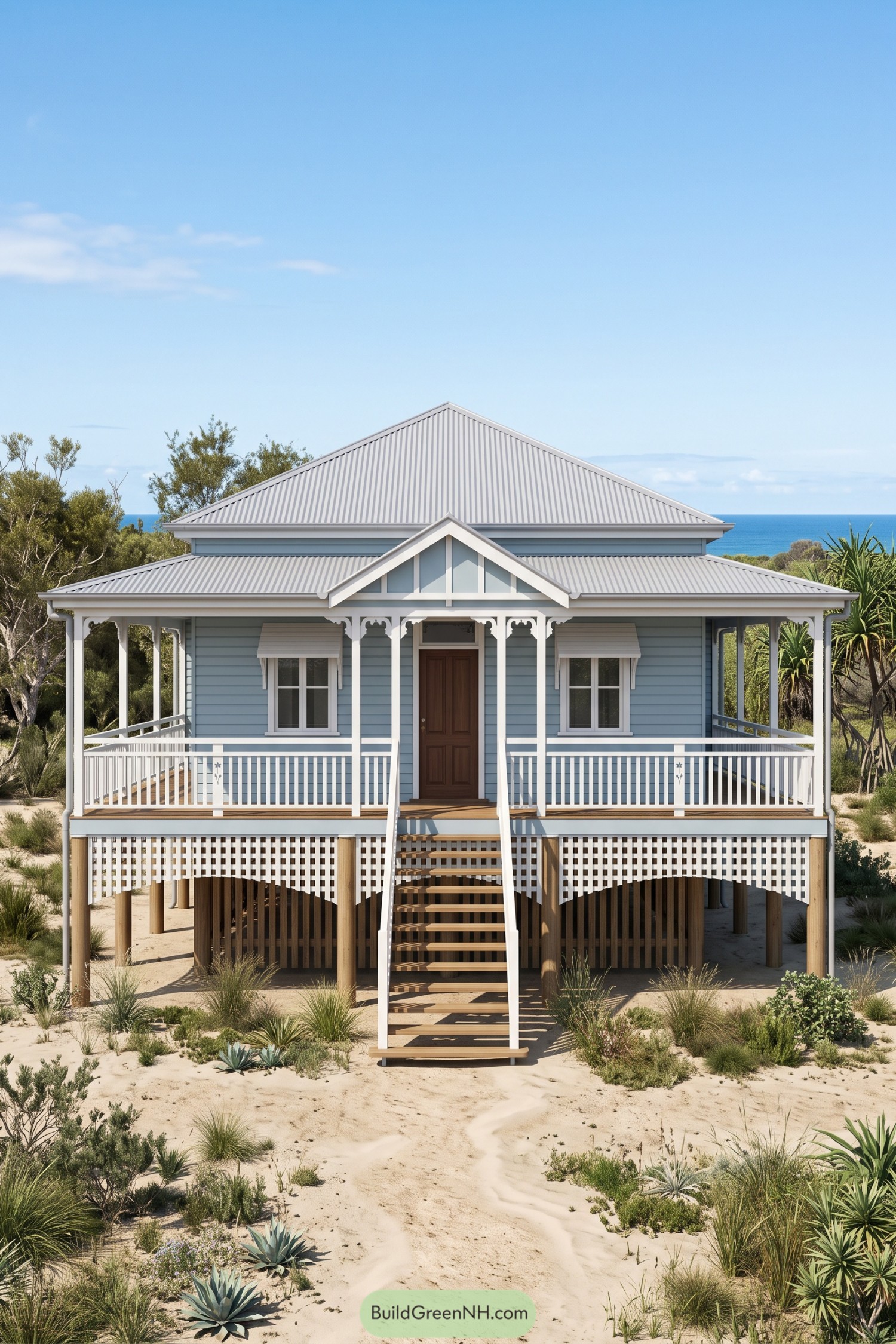 Raised blue coastal cottage with white veranda railings, decorative lattice, a metal roof and central timber stairs