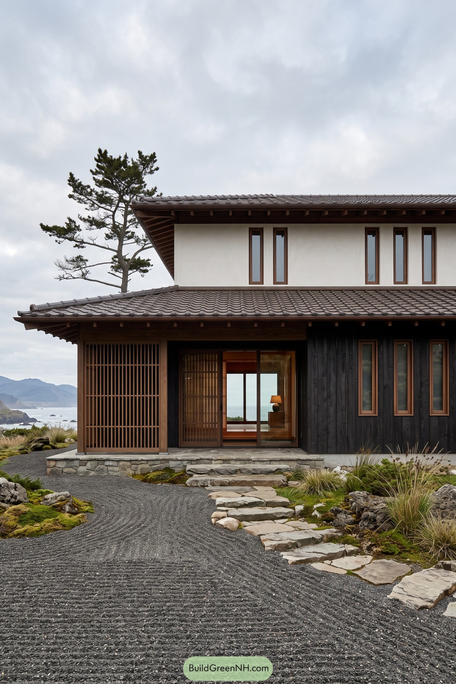 Japanese inspired coastal home with tiled roofs, timber screens, dark siding, and stone steps through a raked gravel garden