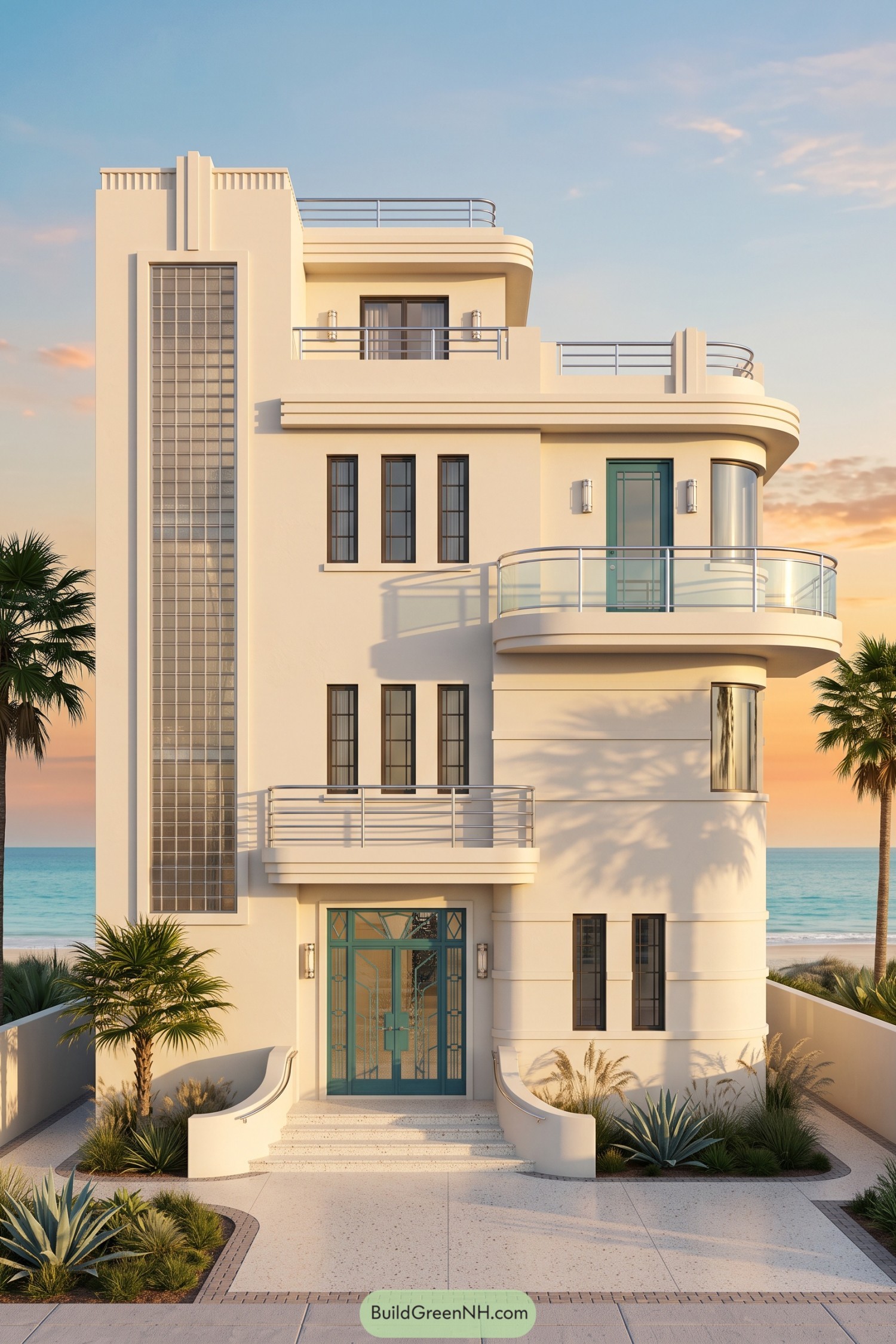 Cream Art Deco coastal house with curved balconies, metal railings, teal doors and a tall glass block window