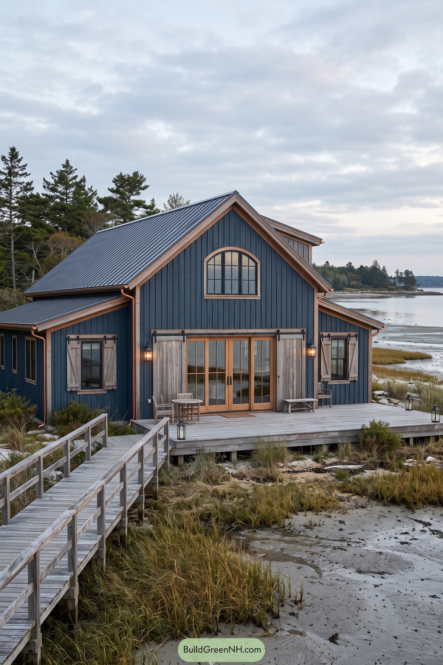 Blue coastal house with timber trim, sliding shutters, copper gutters, and a wooden walkway across the marsh