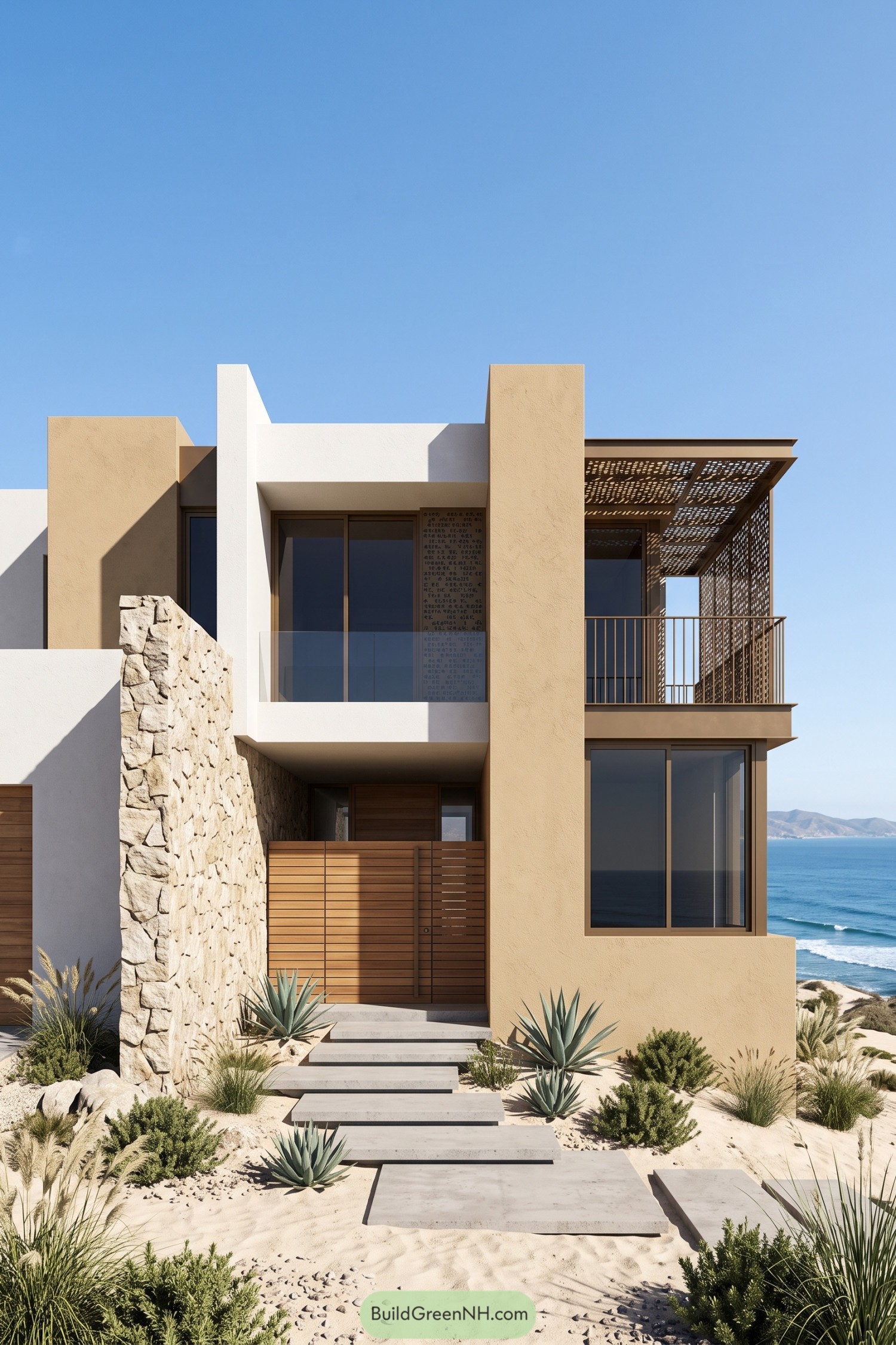 Modern coastal house with ochre and white walls, a stone entry wall, screened balcony, and agave landscaping
