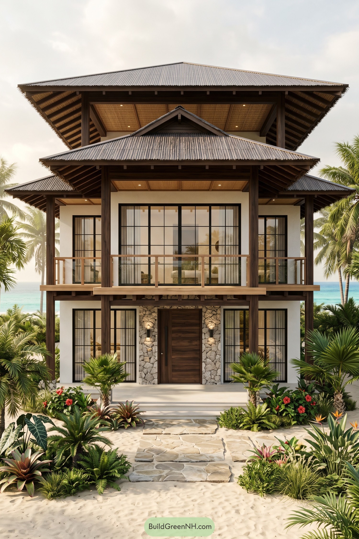 Tropical coastal house with layered roofs, dark timber columns, a glass balcony, and a stone entrance