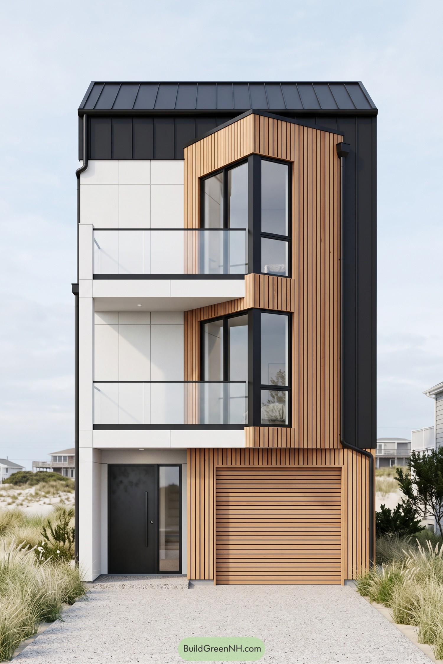 Narrow three story coastal home with timber cladding, black metal roofing, corner windows and two glass balconies