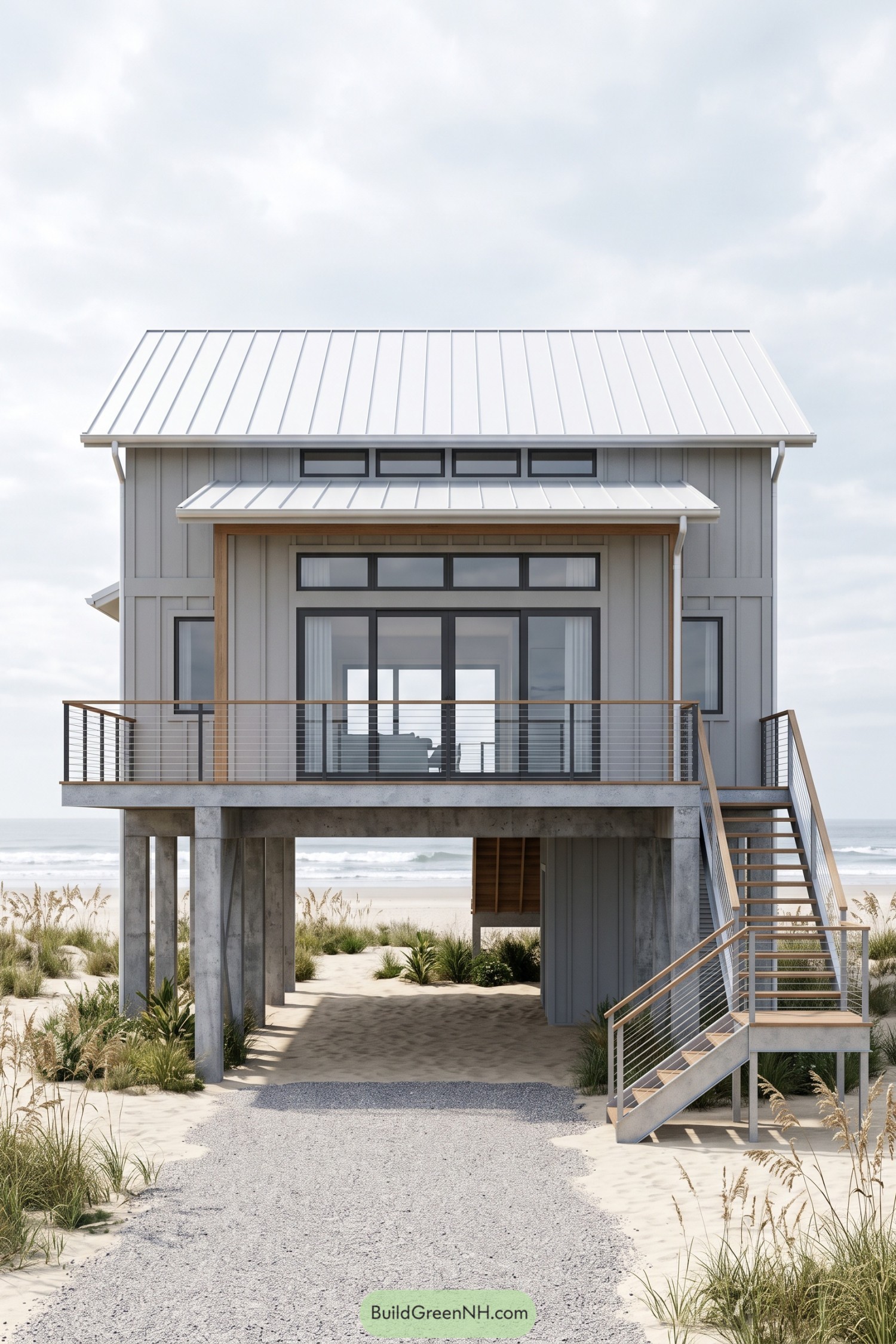Elevated coastal house with gray vertical siding, a white metal roof, concrete stilts, and a front deck reached by side stairs