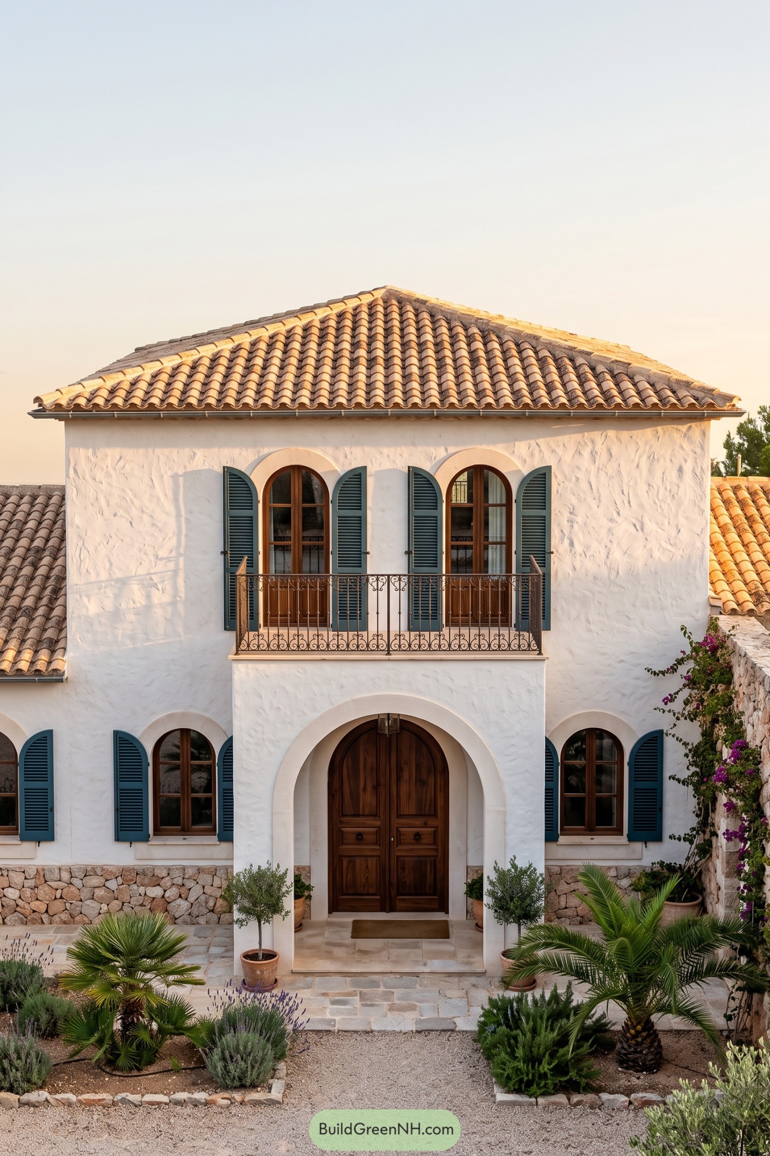 Mediterranean coastal house with white stucco walls, teal shutters, arched wooden doors, and an iron balcony