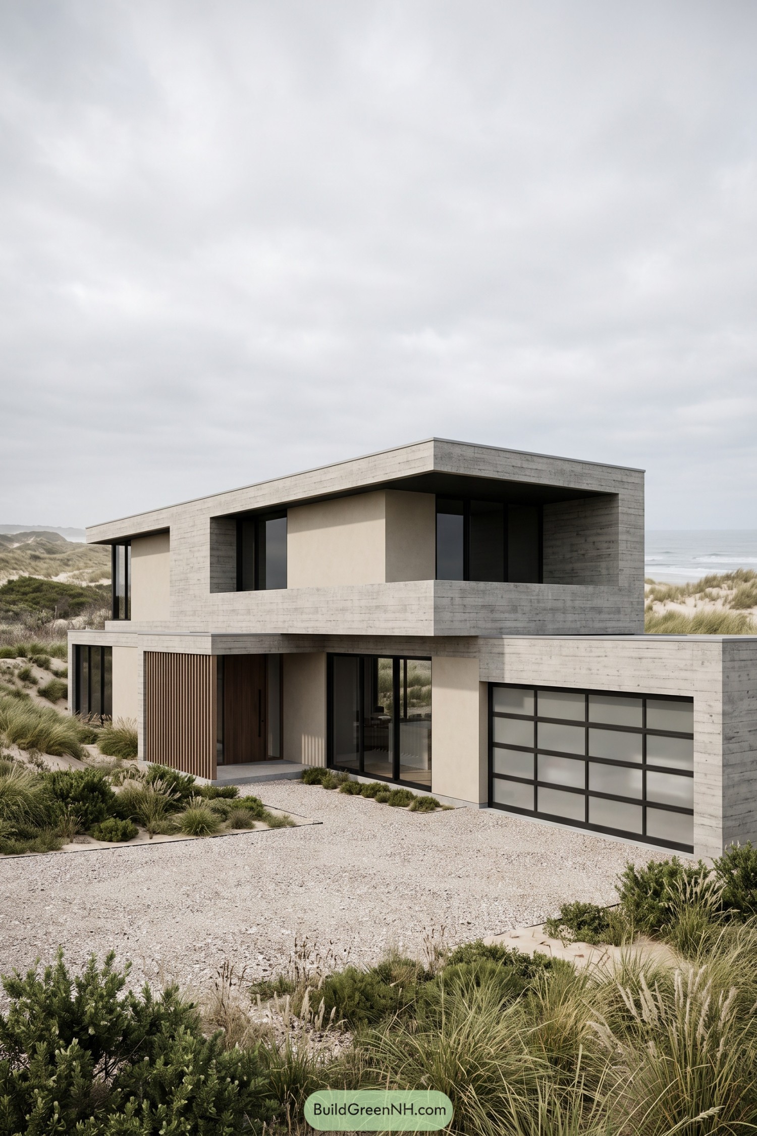 Two-story coastal house with textured concrete walls, recessed glazing, timber entry slats, and a glass-paneled garage beside sandy dunes