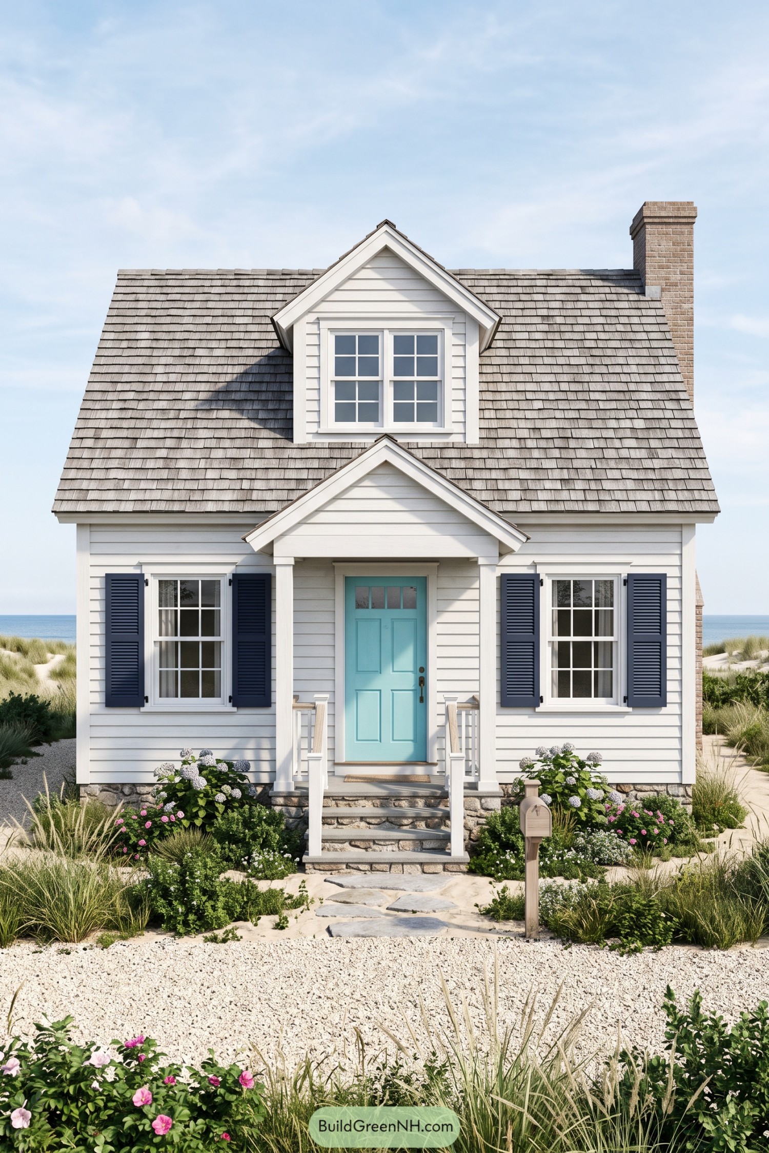 White coastal cottage with navy shutters, a turquoise front door, central dormer, and stone steps framed by flowers
