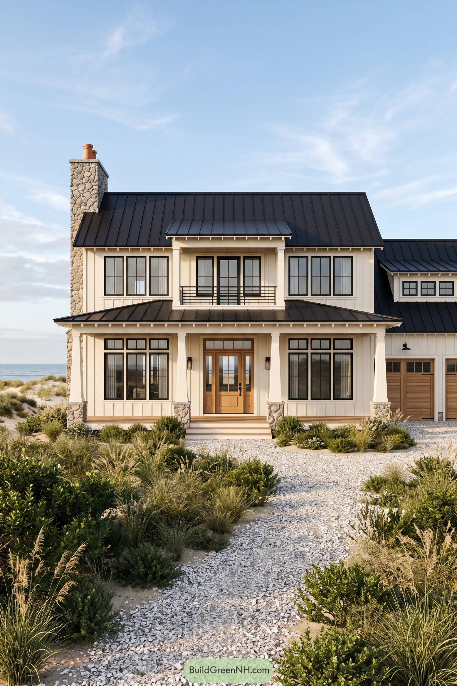 Two-story coastal house with cream siding, black metal roofs, a stone chimney, and a covered front porch