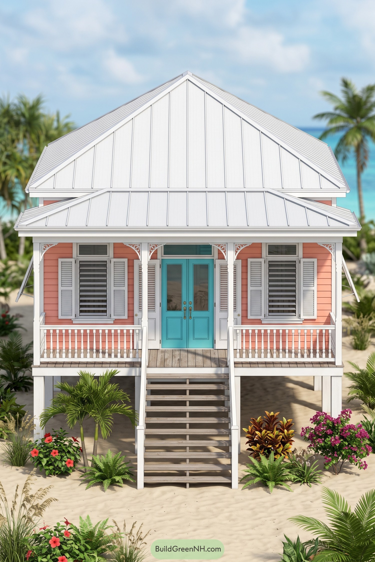 Raised coral coastal cottage with turquoise double doors, white shutters, decorative porch trim, and a broad metal roof