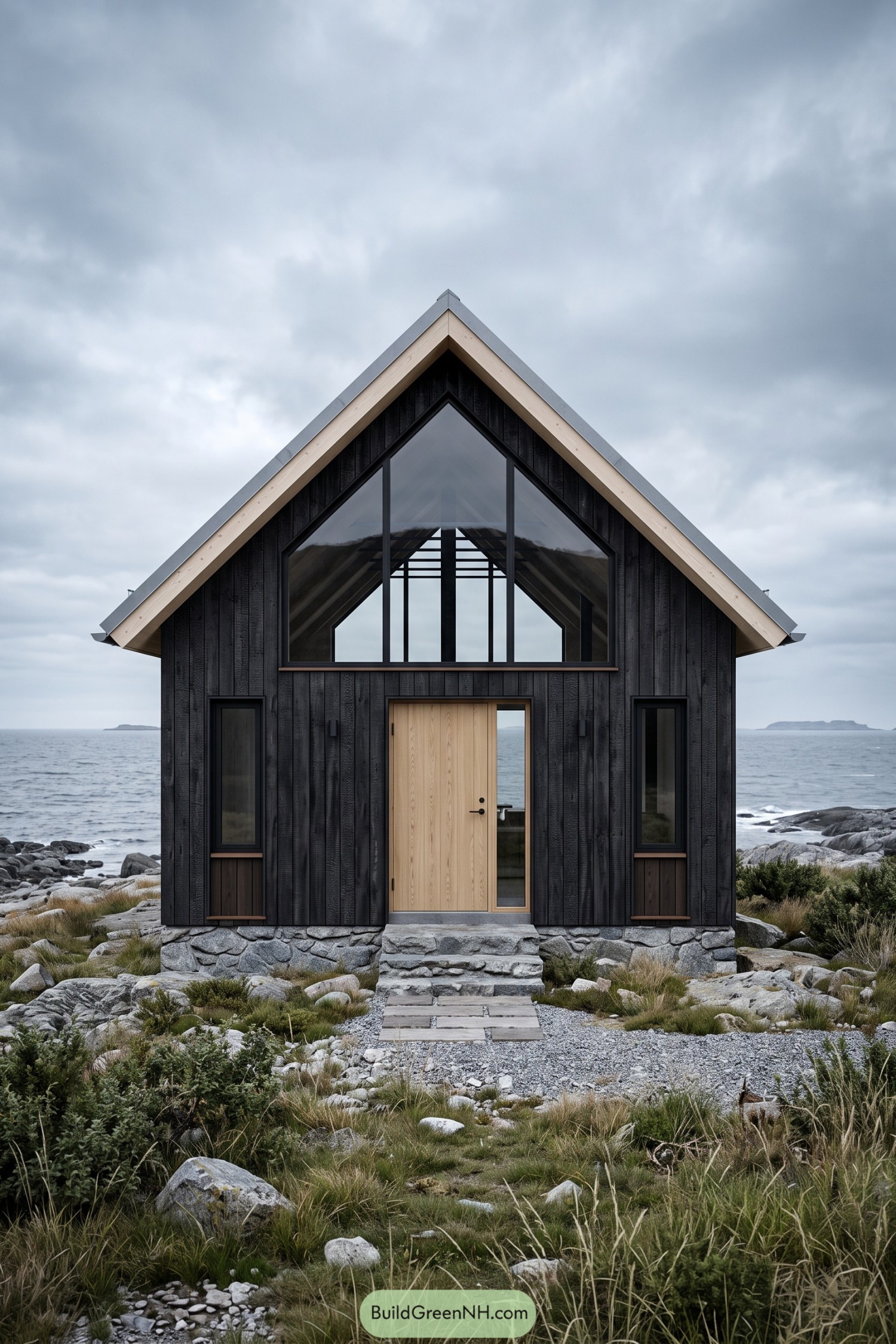 Coastal cabin with dark vertical siding, a glazed gable, pale wood door, and stone steps overlooking a rocky shore