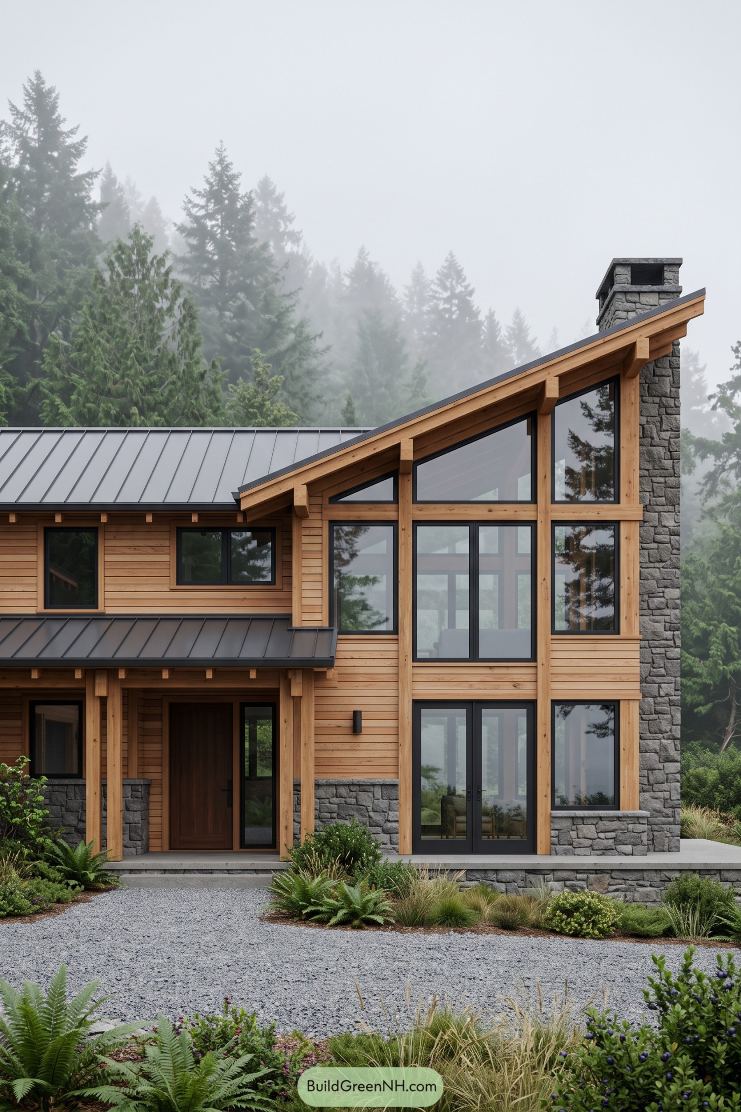 Coastal house with timber siding, a sloping metal roof, tall black-framed windows, and a stone chimney