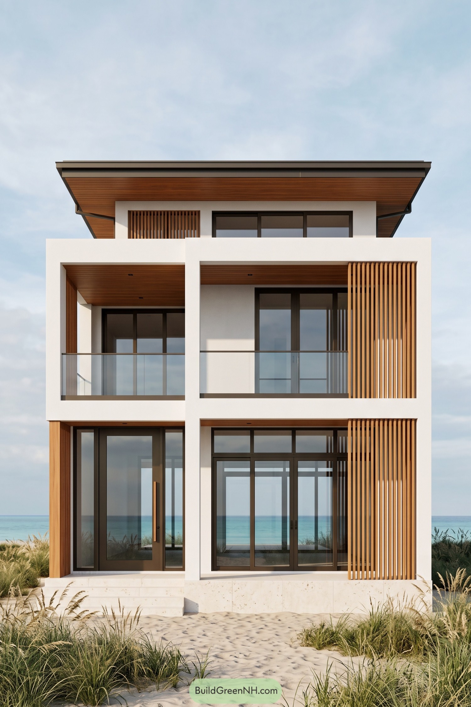Modern coastal house with white rectangular frames, vertical timber screens, glass balconies and a broad overhanging roof