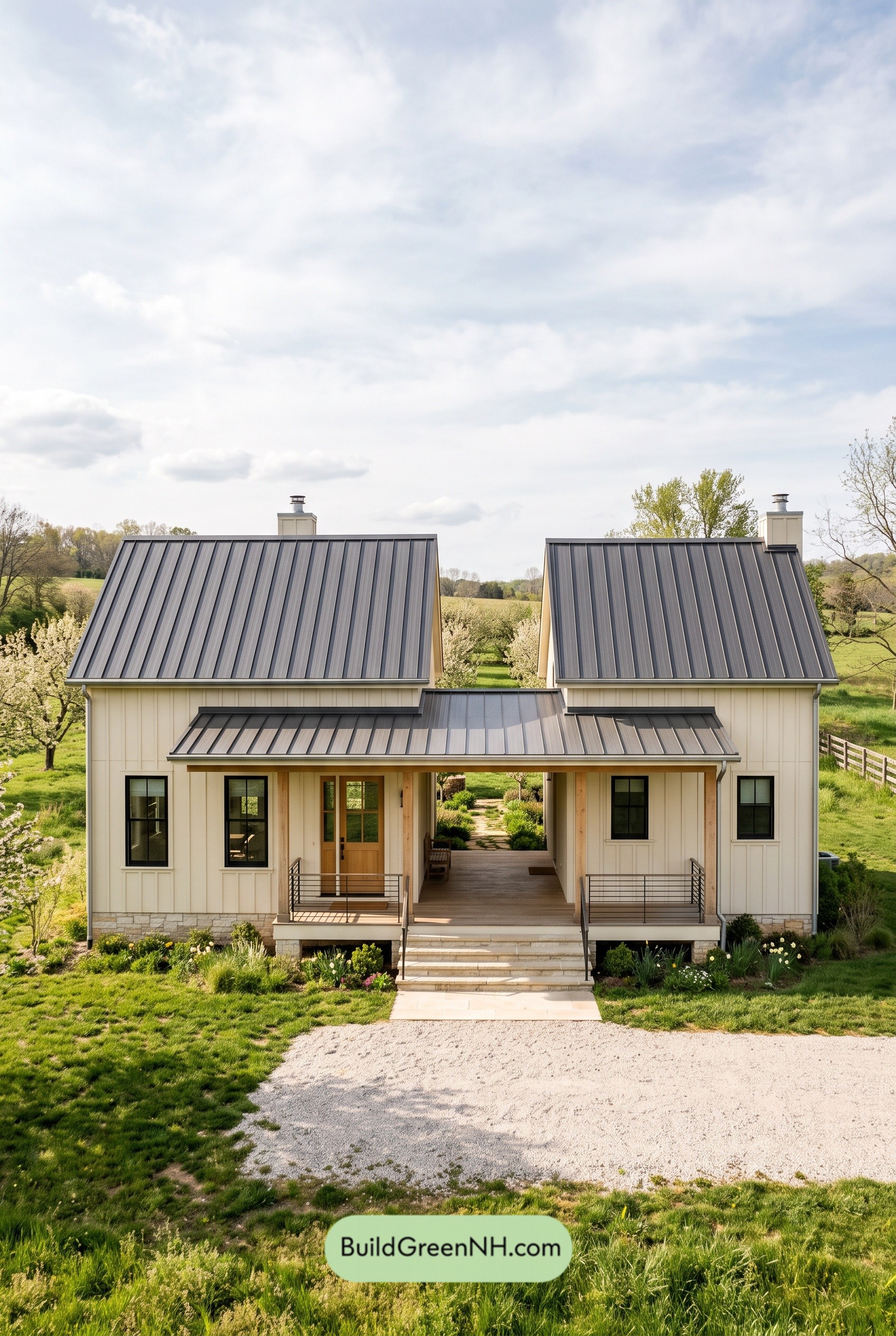 44×32 ft 1,152 sqft 2-Bed 1-Bath Modern Dog Trot Farmhouse Floor Plans: Offset Gables Dogtrot
