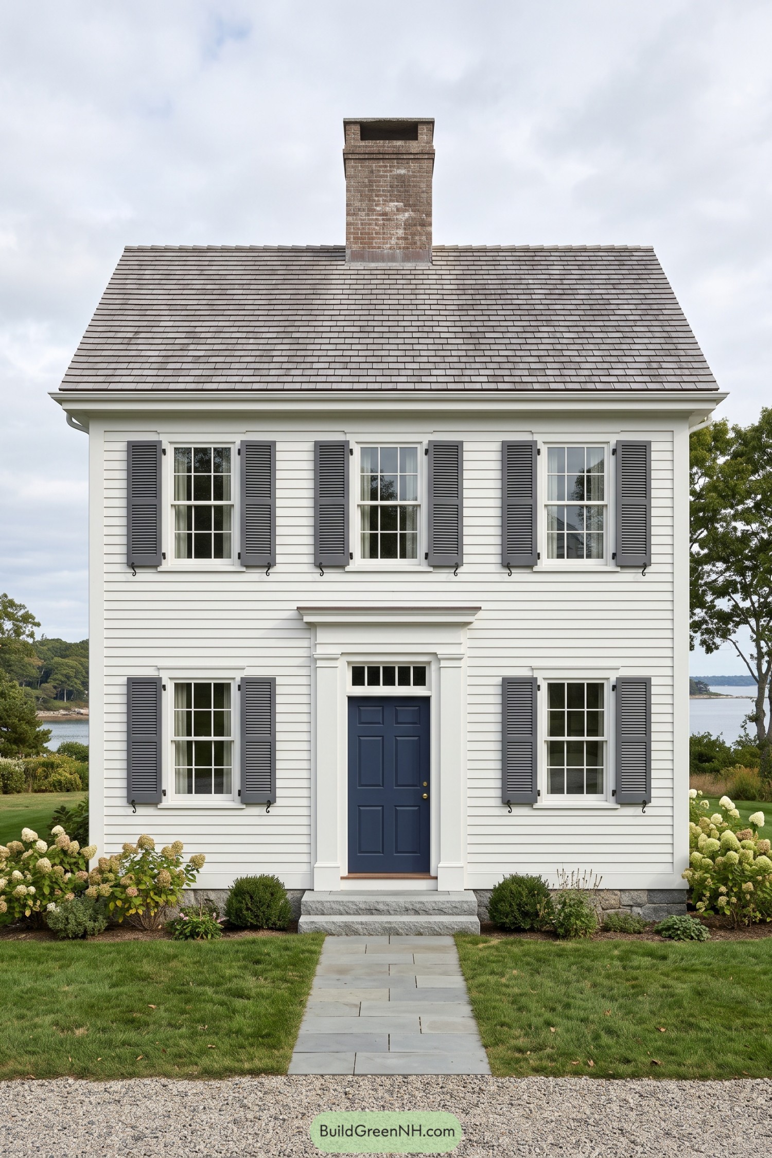 White colonial house with gray shutters a navy front door and a central brick chimney