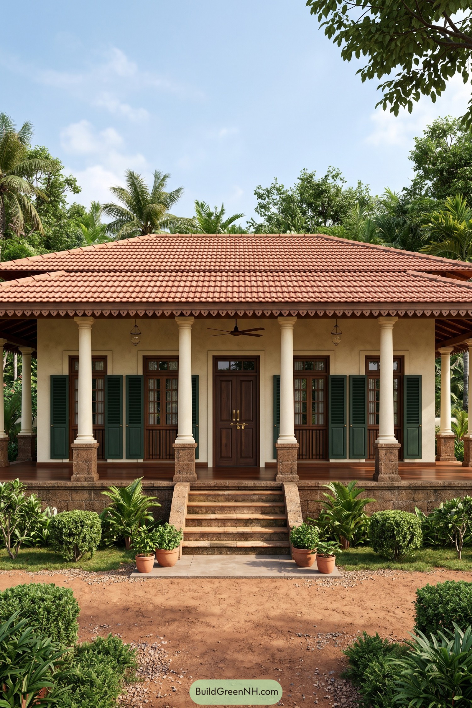 Colonial bungalow with a terracotta tiled roof cream columns green shutters and a raised front veranda