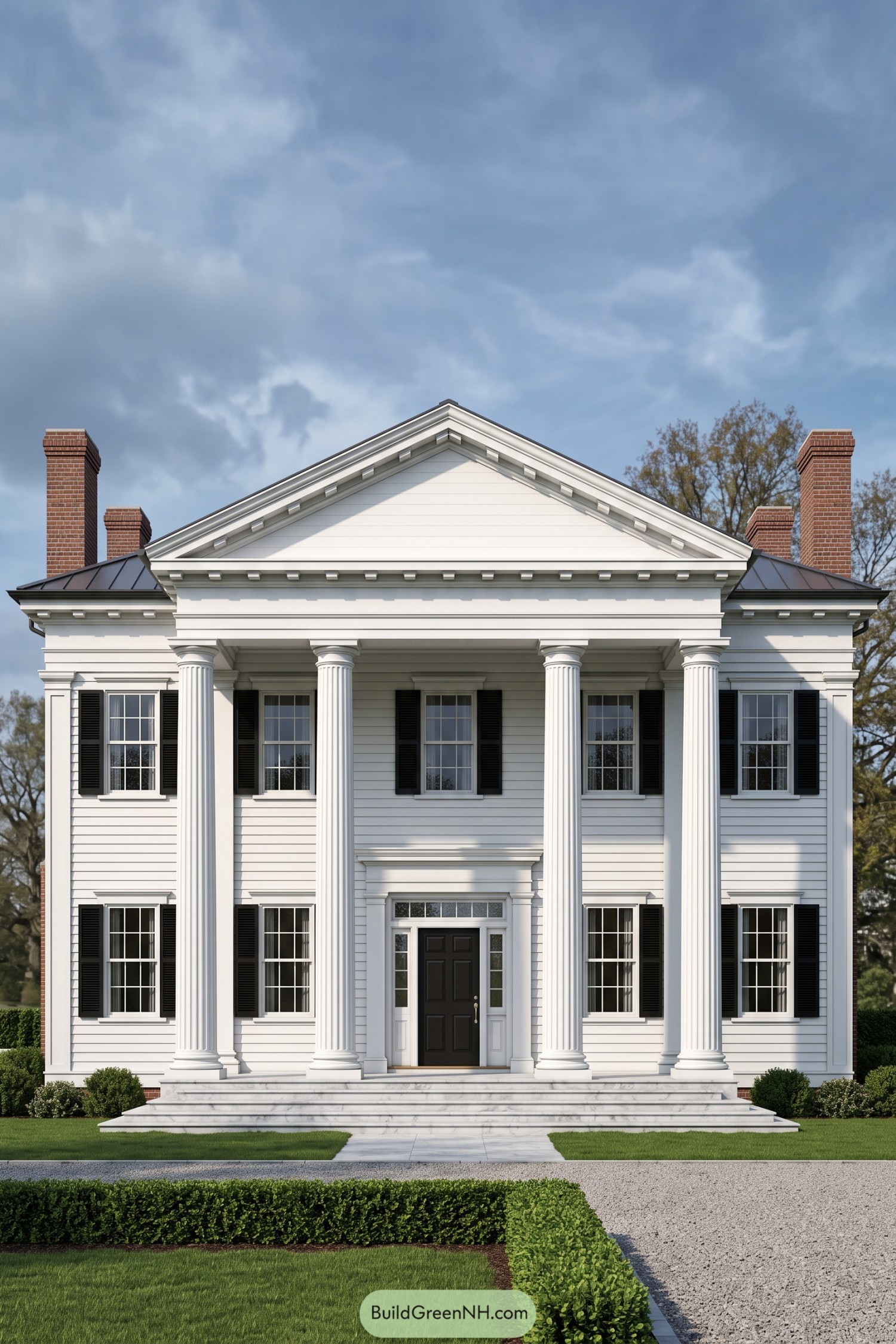 White two-story colonial house with four tall fluted columns a triangular pediment black shutters and broad front steps