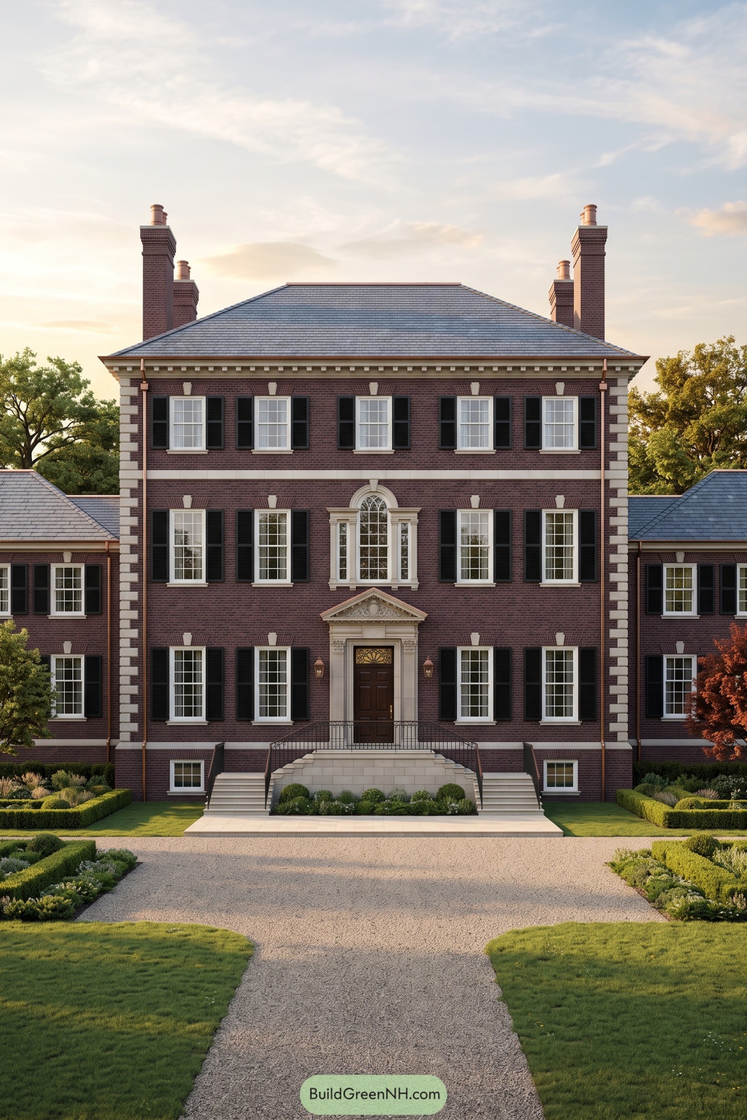 Three-story brick colonial house with cream stone trim, black shutters, four chimneys, and twin stairways to a pedimented entrance