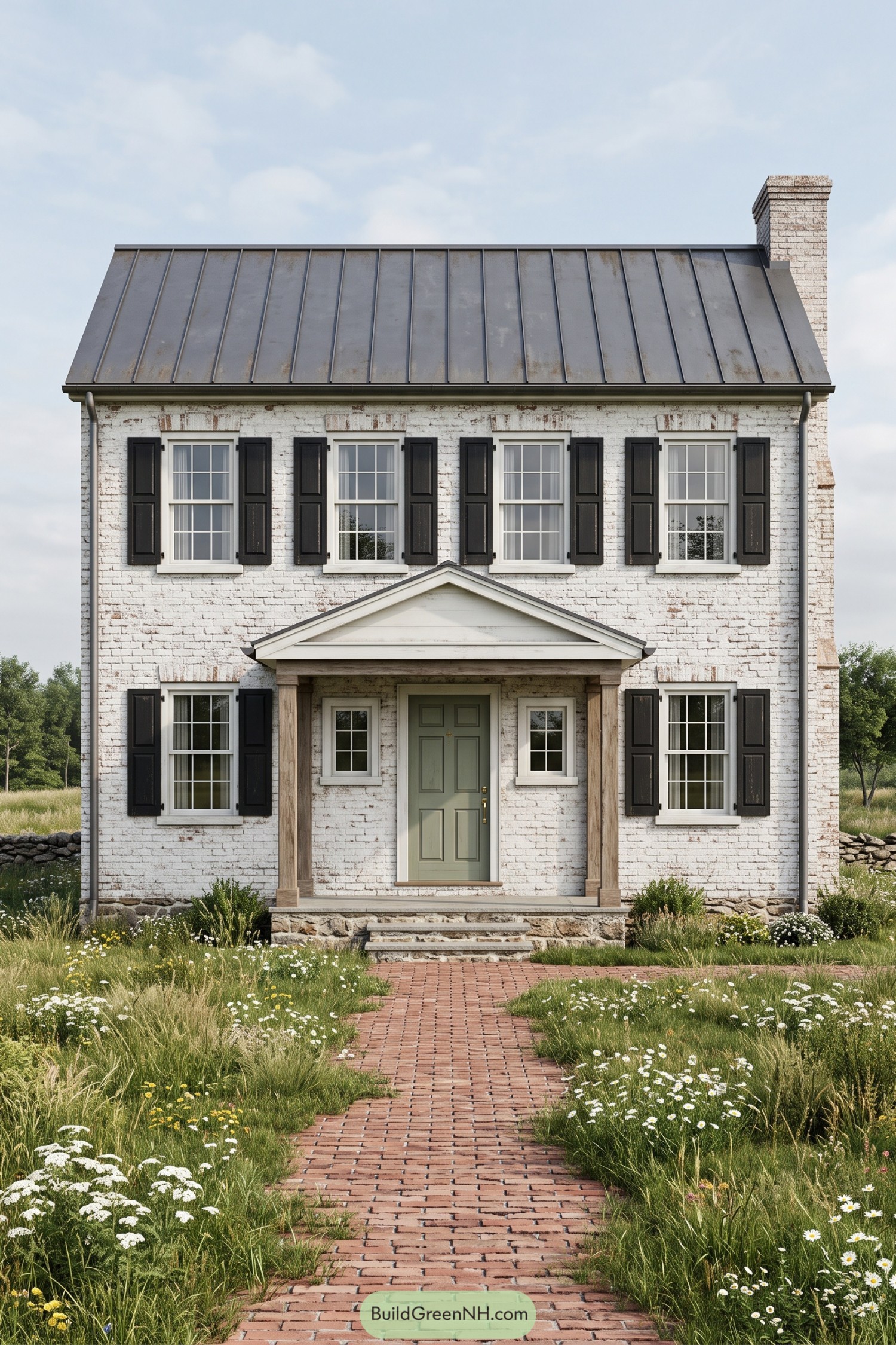 Two-story whitewashed brick colonial with black shutters, a sage door, timber porch posts, and a metal roof beside meadow planting
