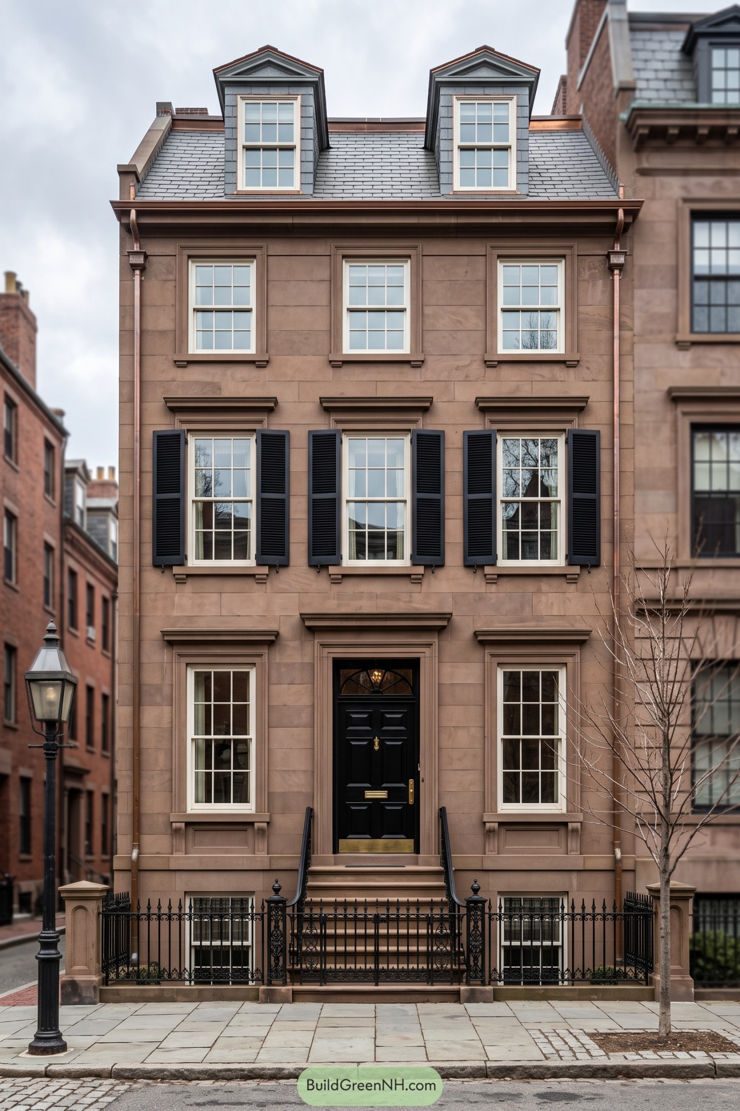 Colonial townhouse with brown stone walls black shutters twin roof dormers and a raised entrance behind iron railings