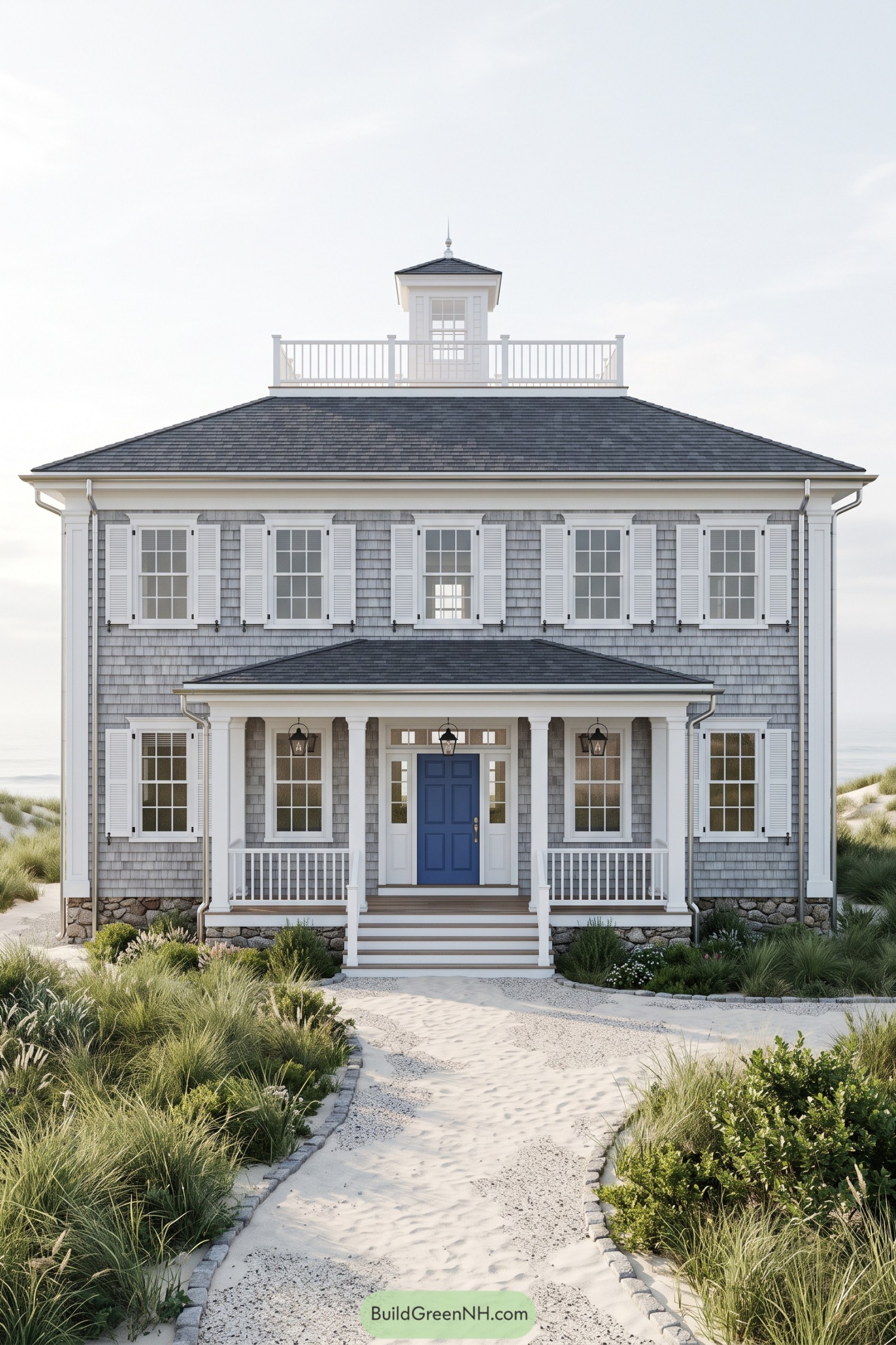 Coastal colonial house with gray shingles white shutters a blue front door and a cupola above a railed rooftop platform