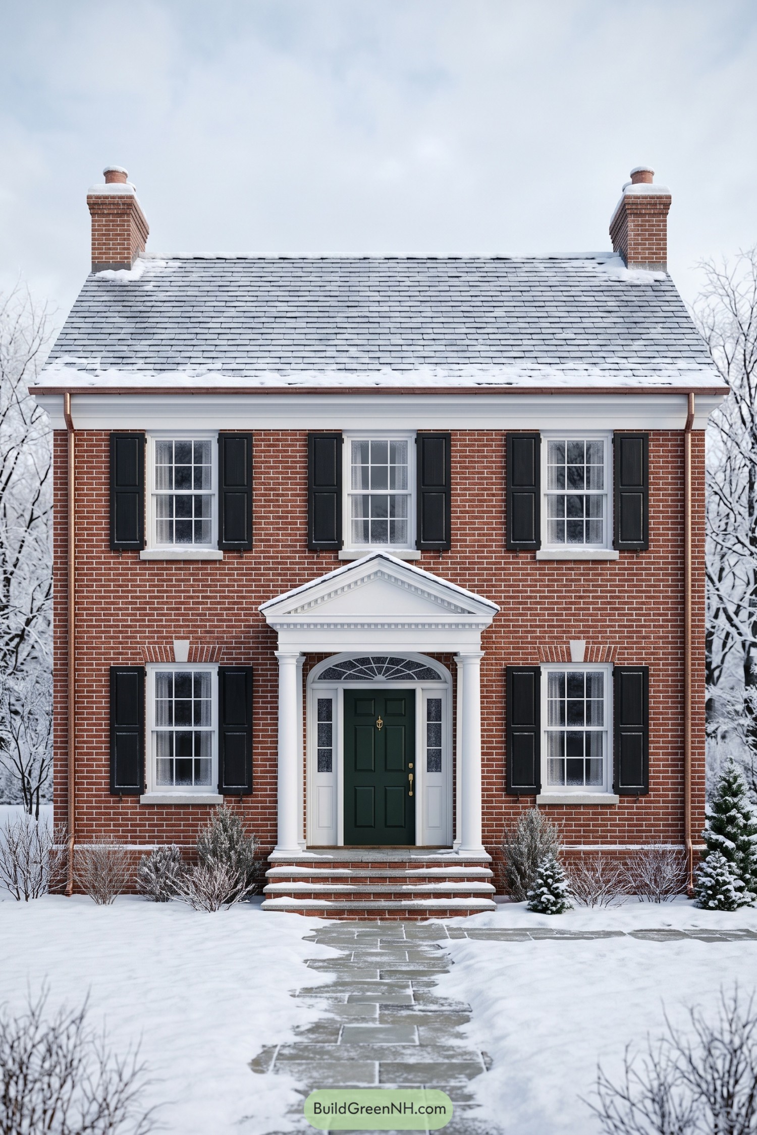 Two-story brick colonial house with black shutters, a green door, white pedimented portico, and twin chimneys in snow