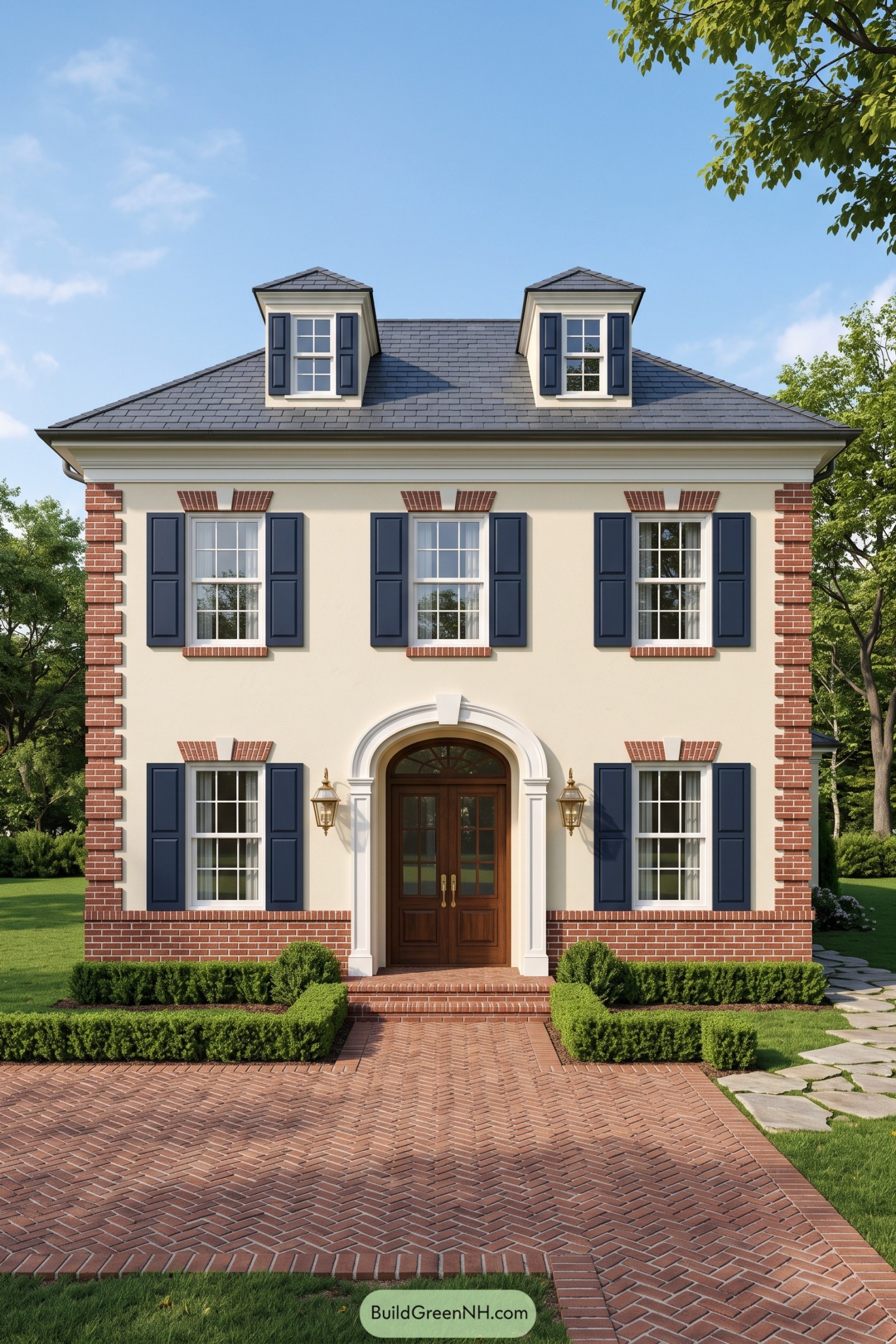 Cream colonial house with brick corner detailing, navy shutters, twin dormers, and an arched wooden double door