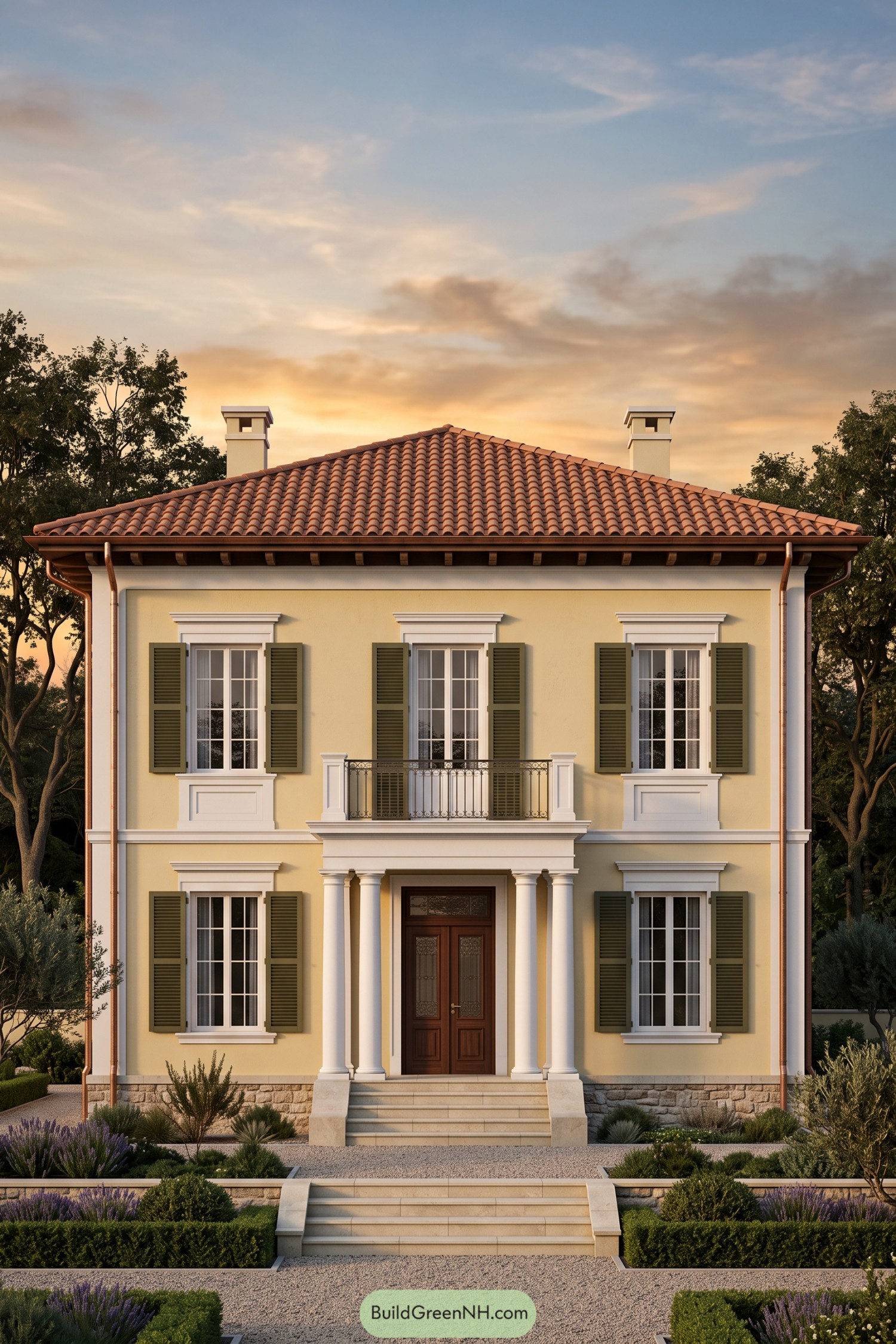 Yellow colonial house with olive shutters, a terracotta roof, paired entry columns, and an iron balcony above a wooden door