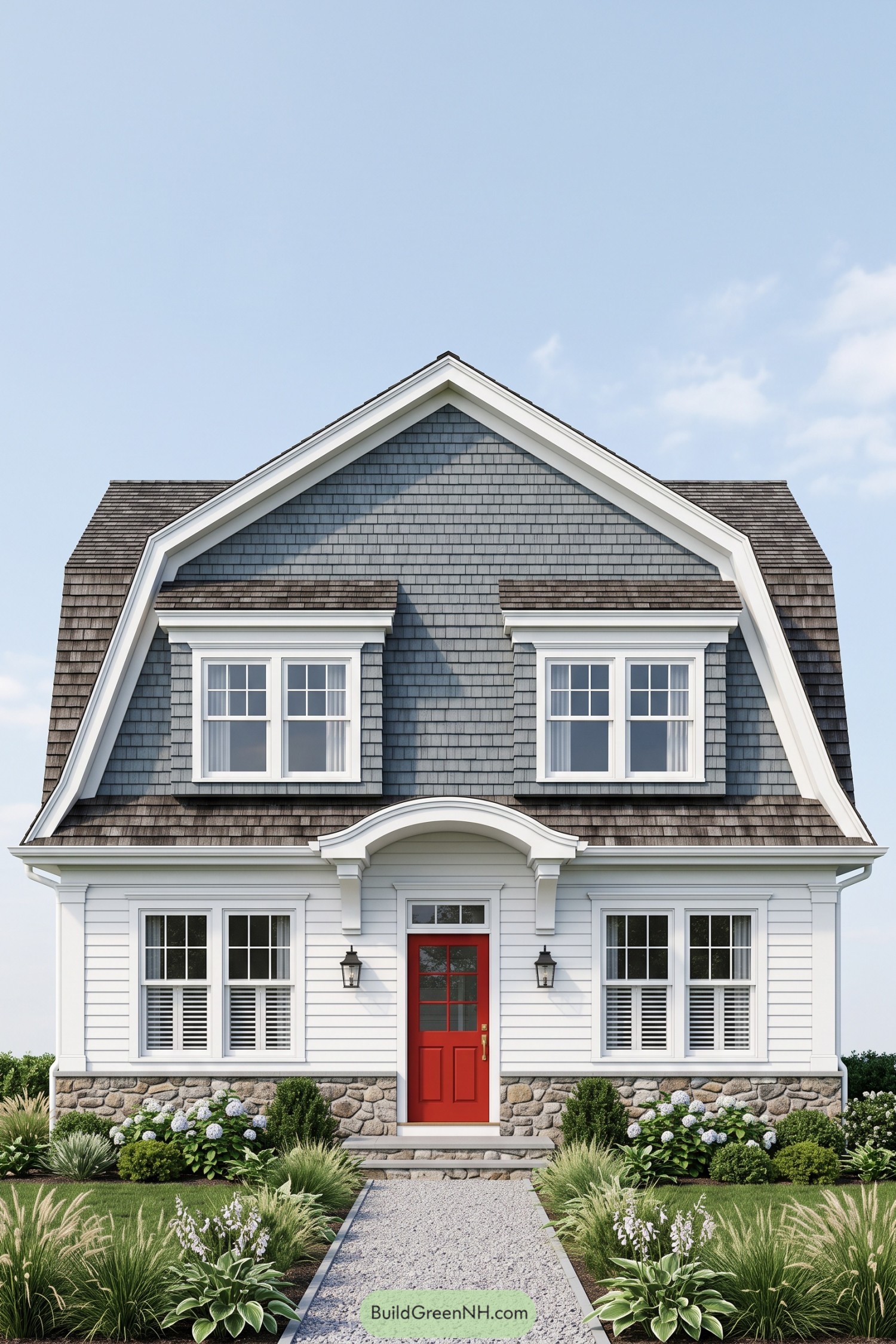 Colonial house with blue-gray shingles, white siding, a red front door, curved entry canopy, and landscaped stone foundation