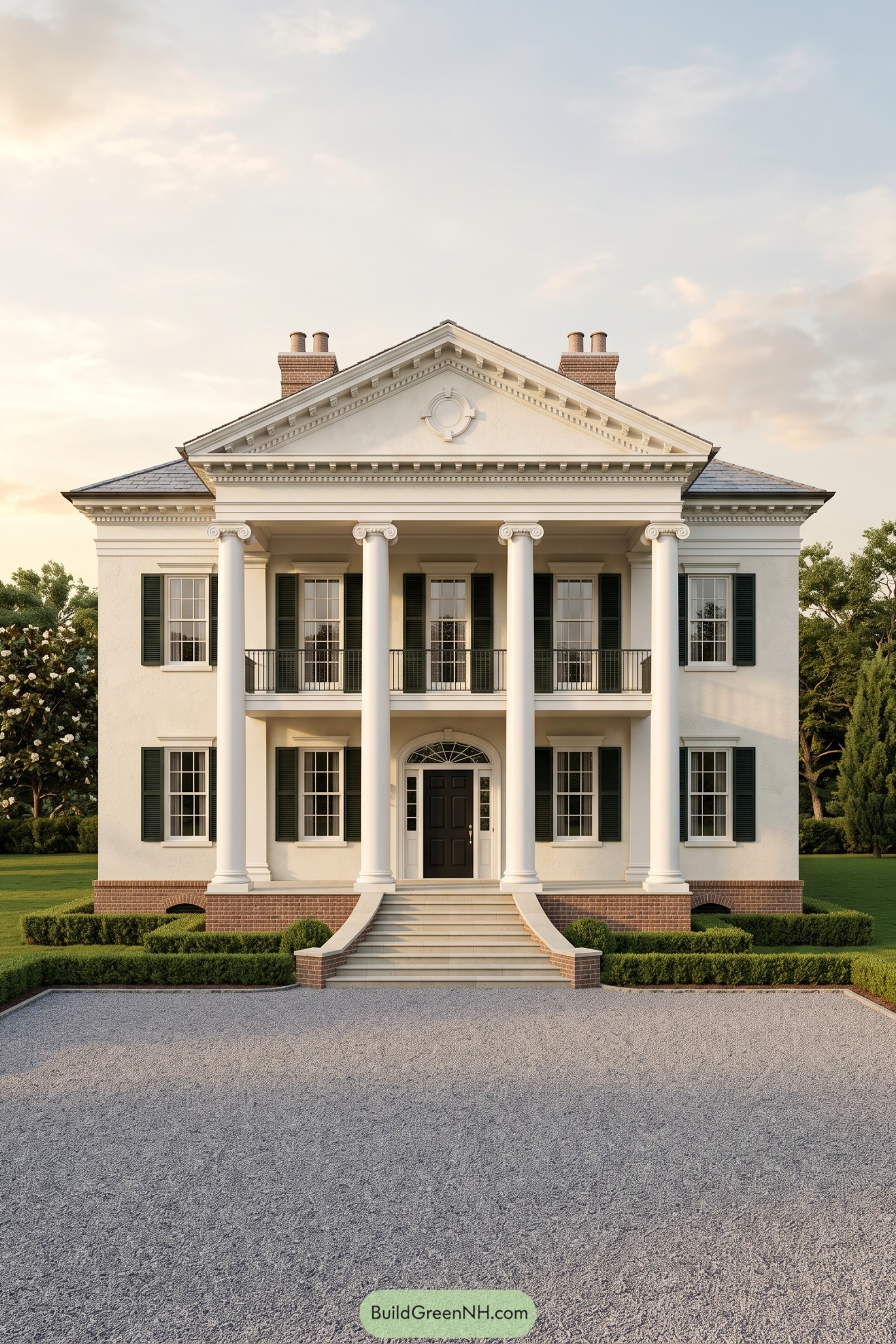 White colonial house with tall Ionic columns, green shutters, a central balcony, and curved brick stair walls