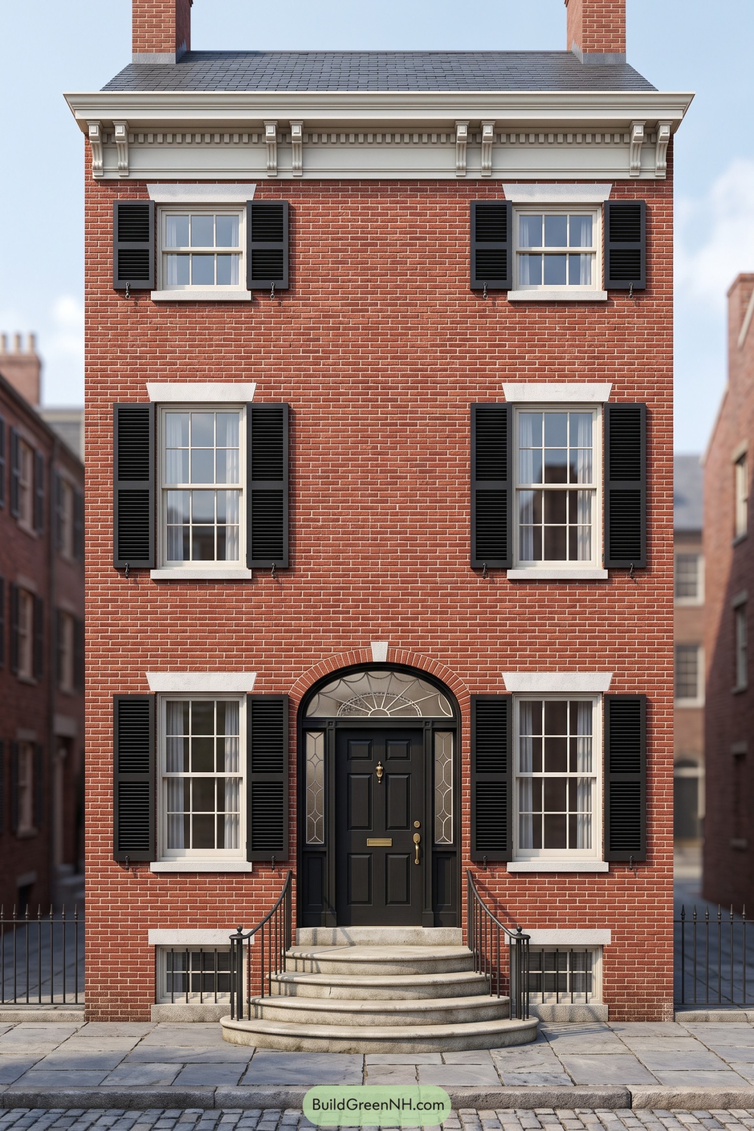 Narrow red brick colonial townhouse with black shutters an arched fanlight and curved stone entry steps
