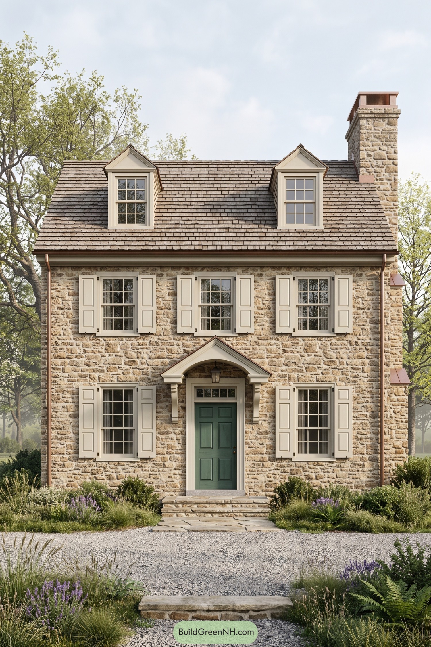 Stone colonial house with cream shutters twin dormers a green front door and a tall stone chimney