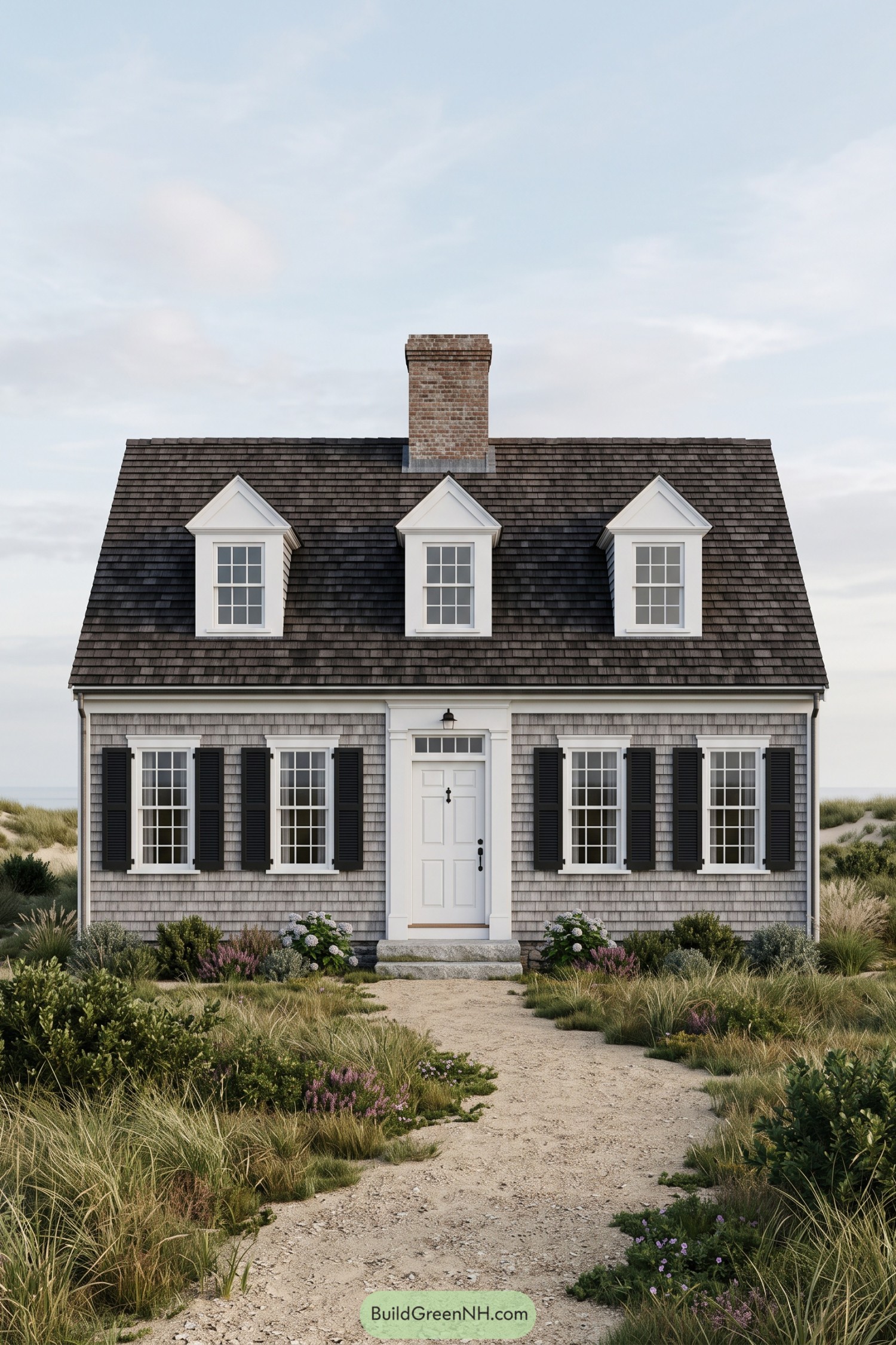 Gray shingled colonial house with three dormers, black shutters, a white entry, and a sandy garden path
