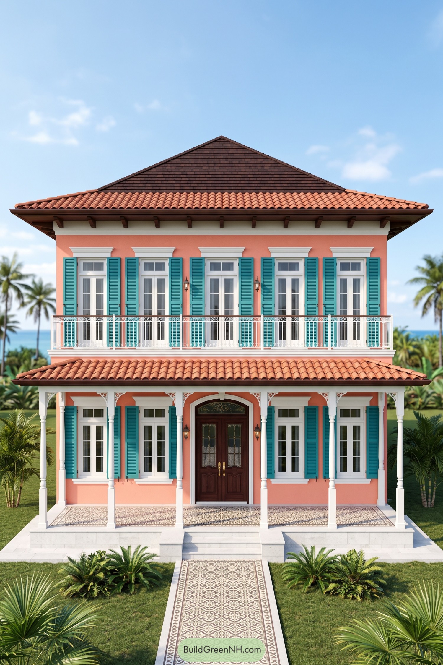 Two-story coral colonial house with turquoise shutters, terracotta roofs, a white balcony, and a patterned tile walkway