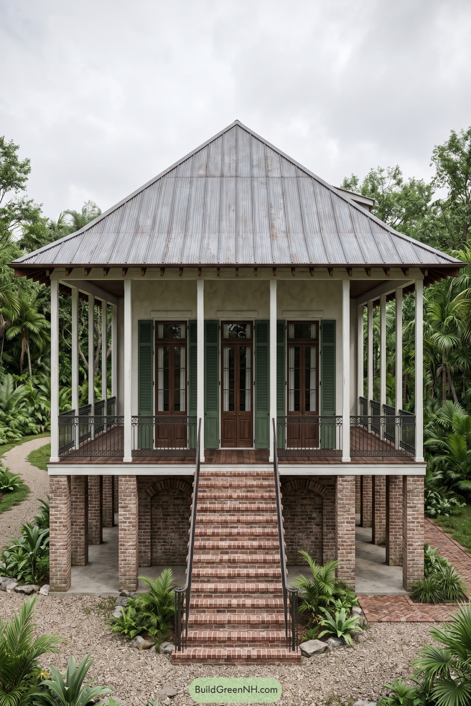 Raised colonial house with a steep metal roof, green shutters, white veranda posts, and a central brick staircase