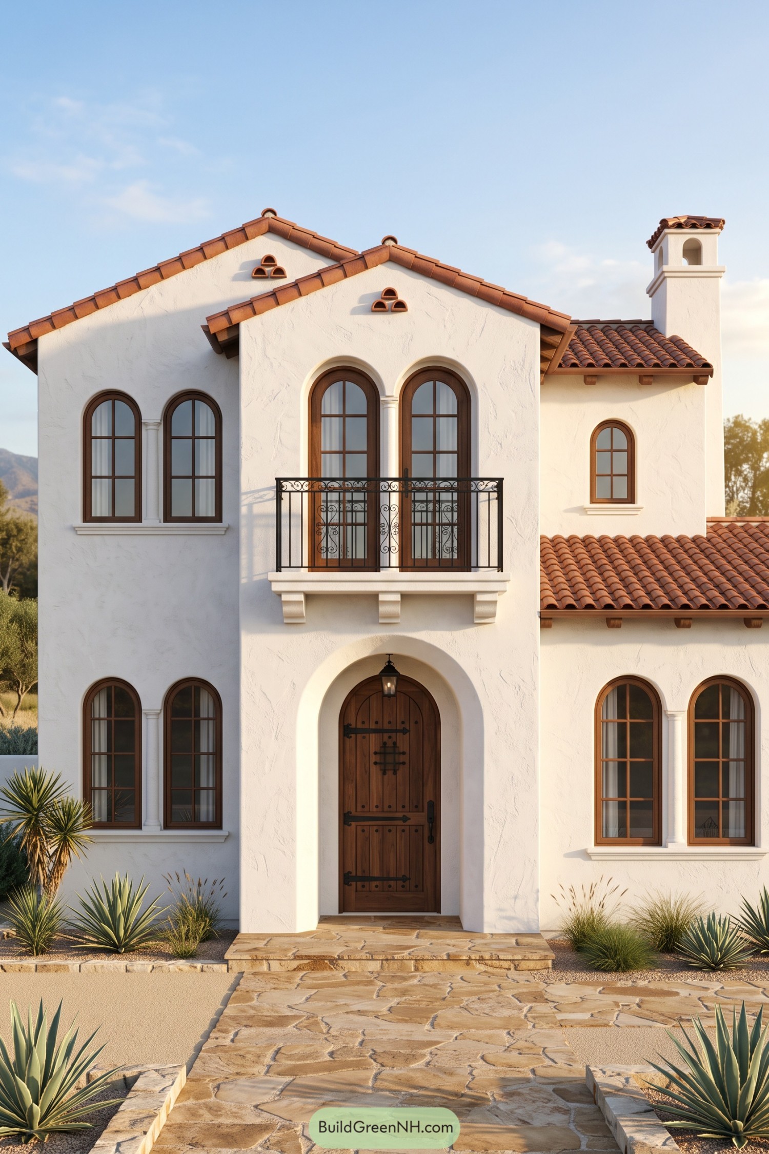 Spanish Colonial facade with white stucco walls, terracotta roofs, arched wood windows, and an iron balcony above a studded door