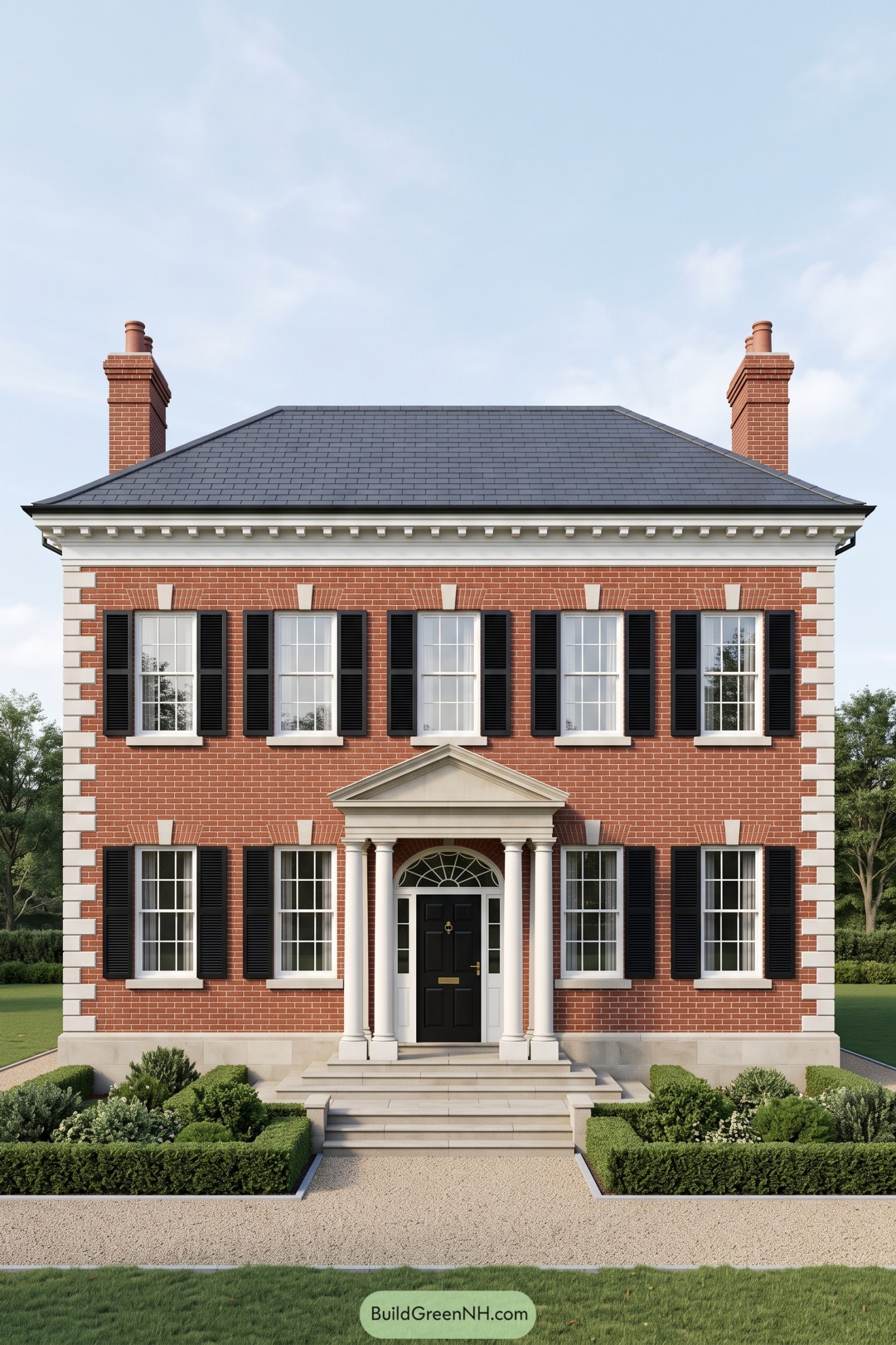 Two-story red brick colonial house with black shutters, white corner blocks, twin chimneys, and a columned entrance