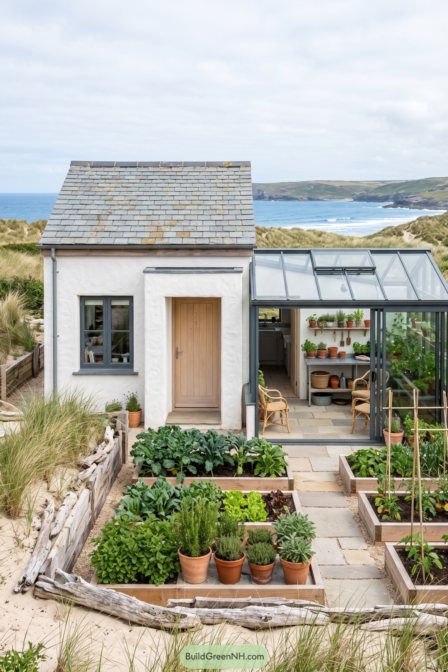 White coastal cottage with a glazed greenhouse wing and raised vegetable beds
