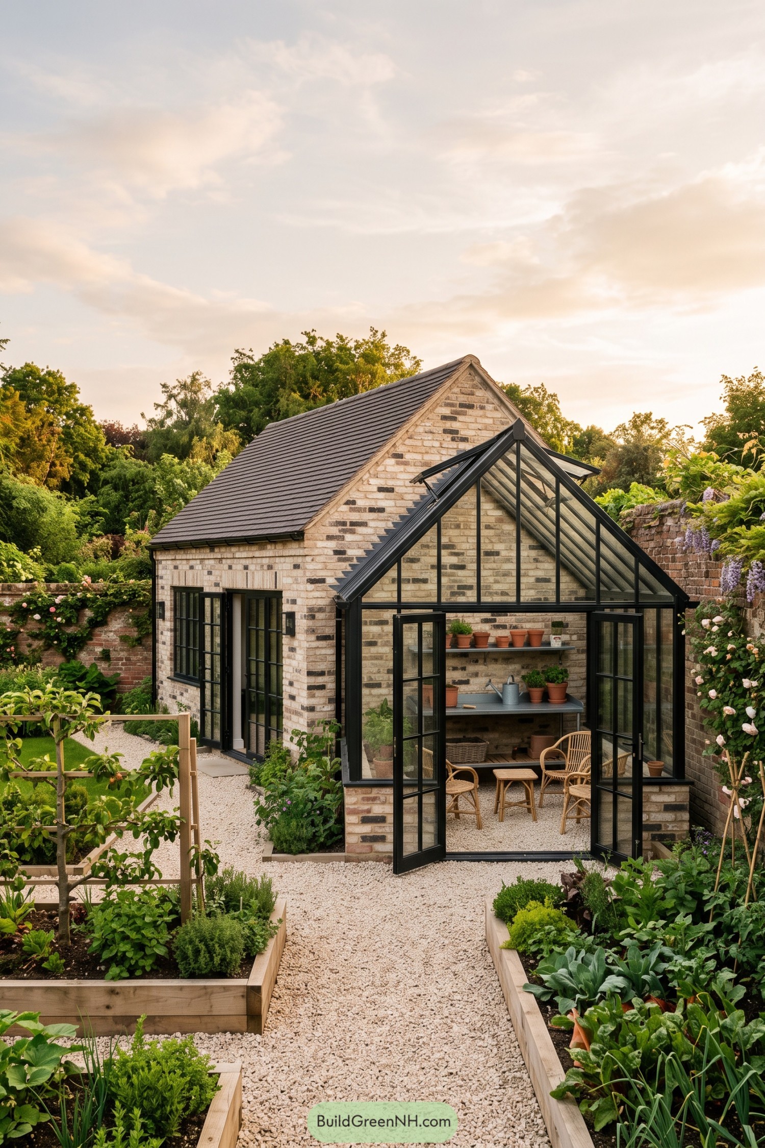 Brick cottage with black framed gabled greenhouse beside raised vegetable beds