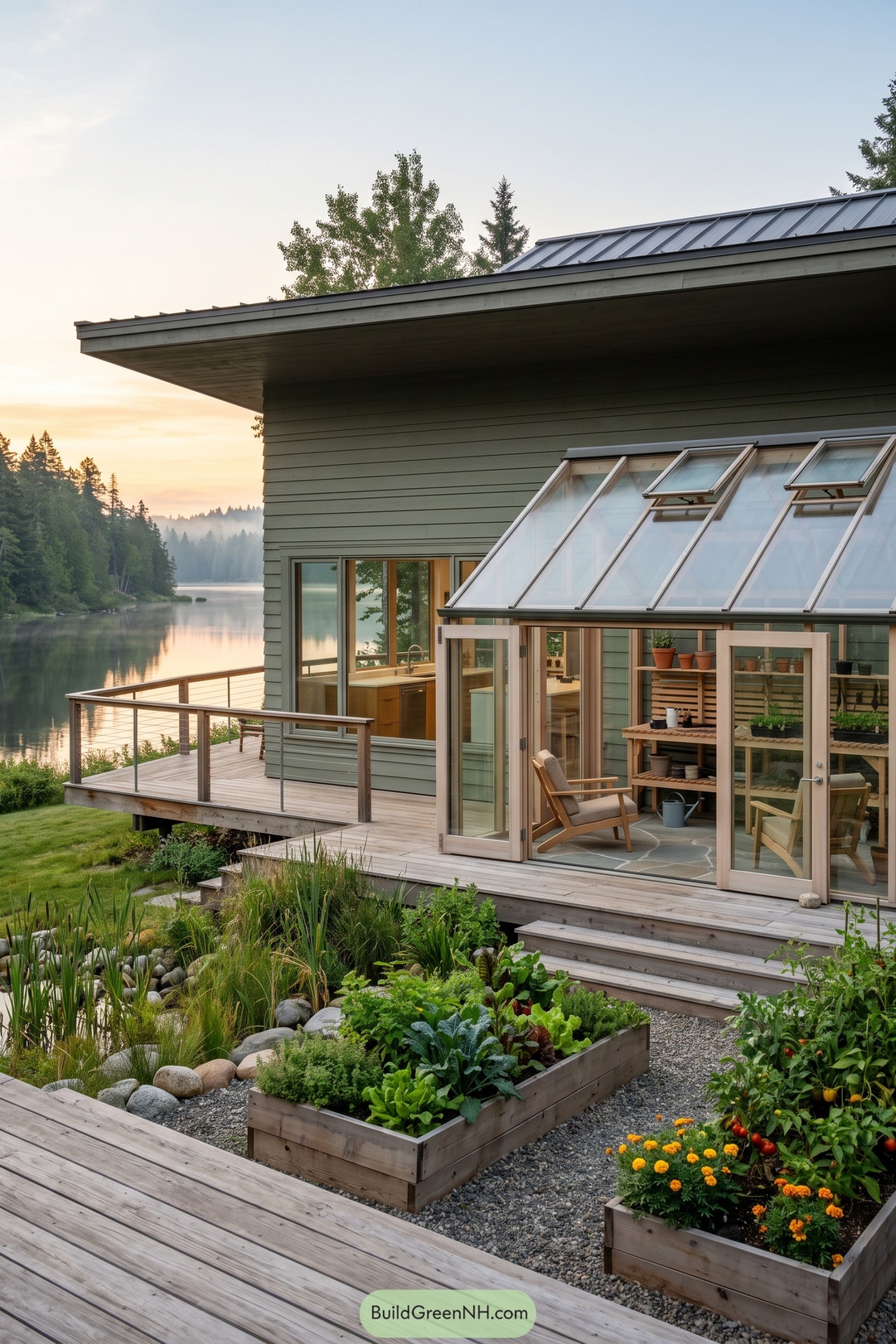 Sage green lakeside cottage with glass growing room and raised vegetable beds